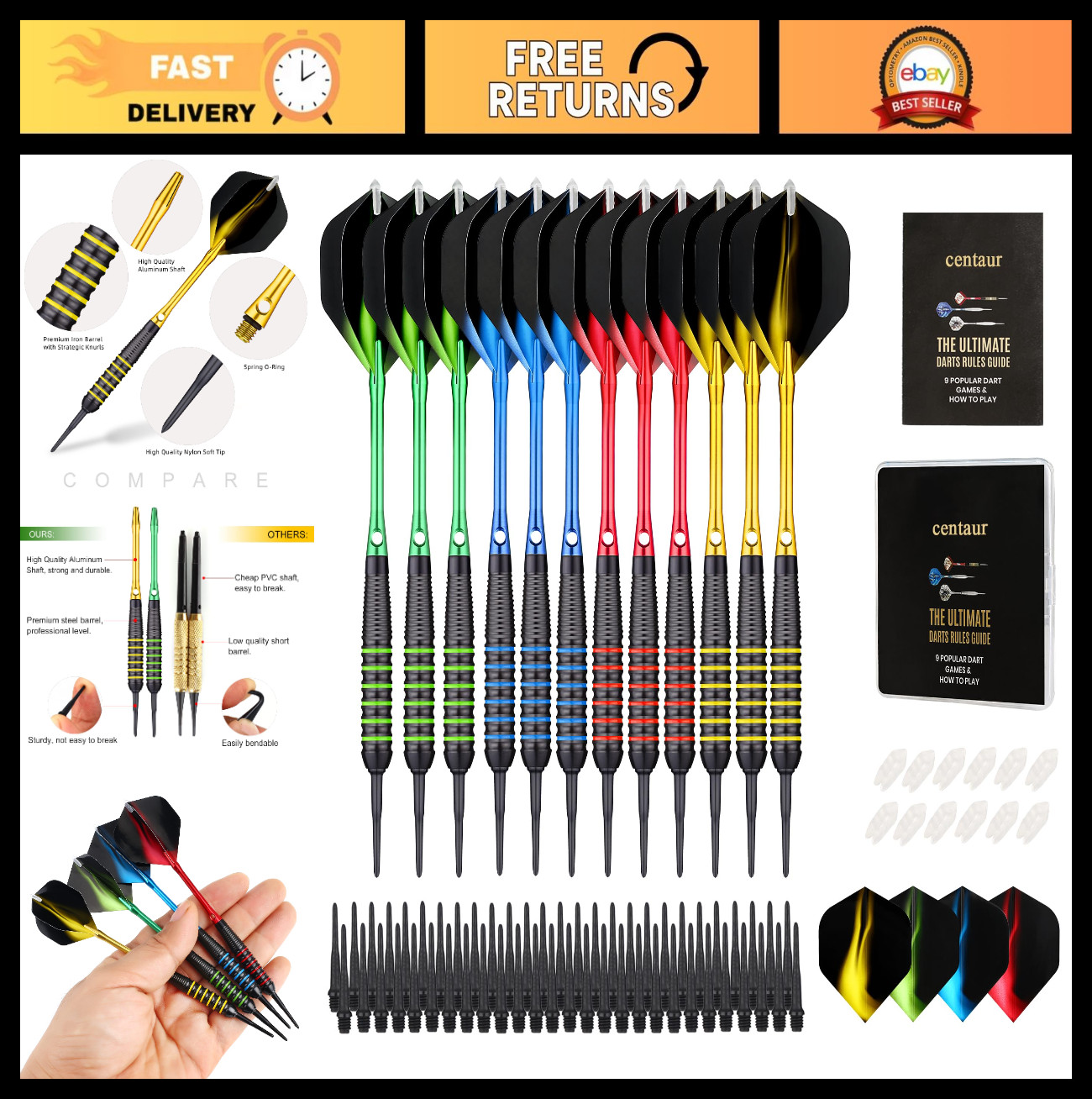 12 Pack Soft Tip Darts Set - 18g Plastic Tips, 100 Tips, 16 Flights, Case, 4 Col