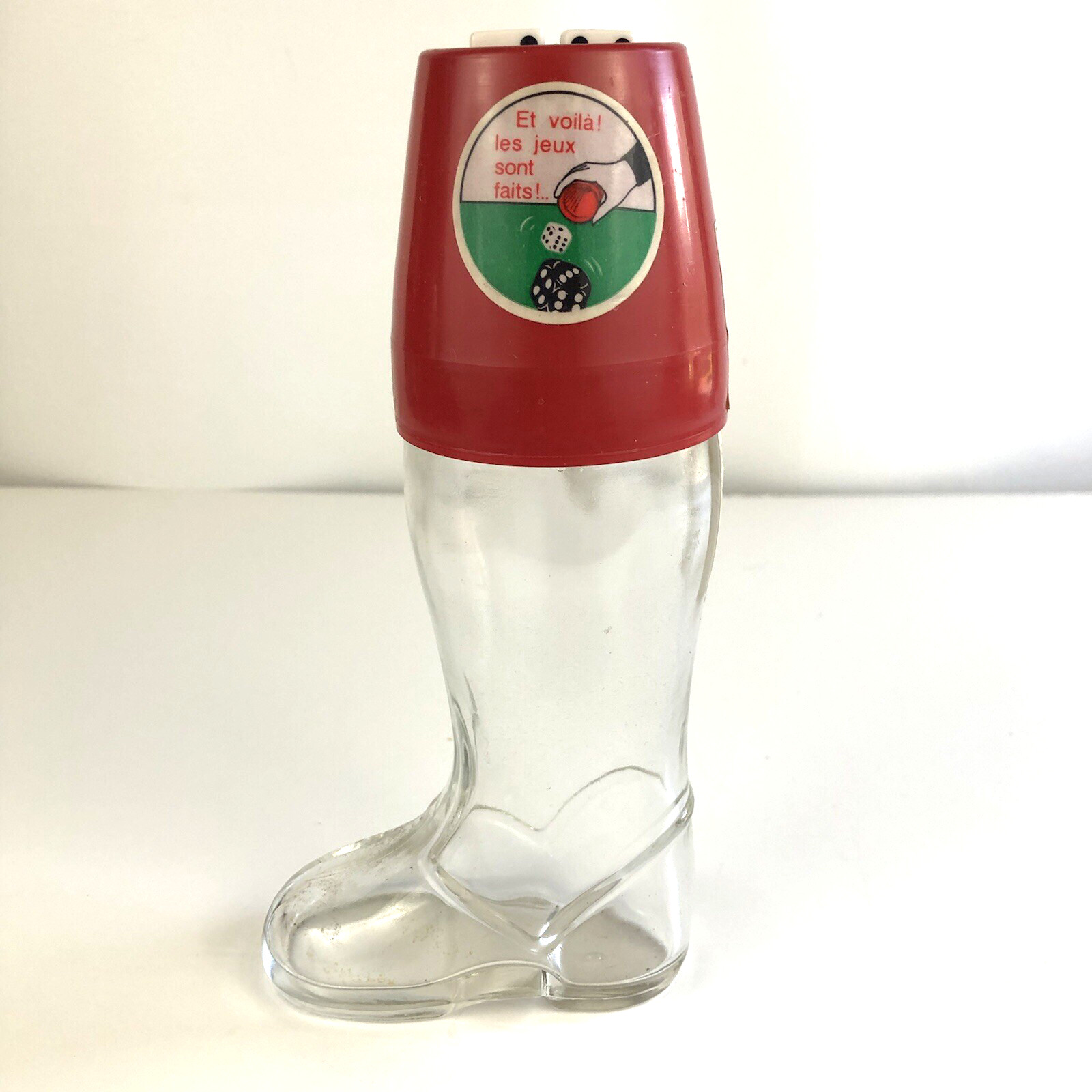 Boot Shaped Bottle with Cup and Dice Vintage France