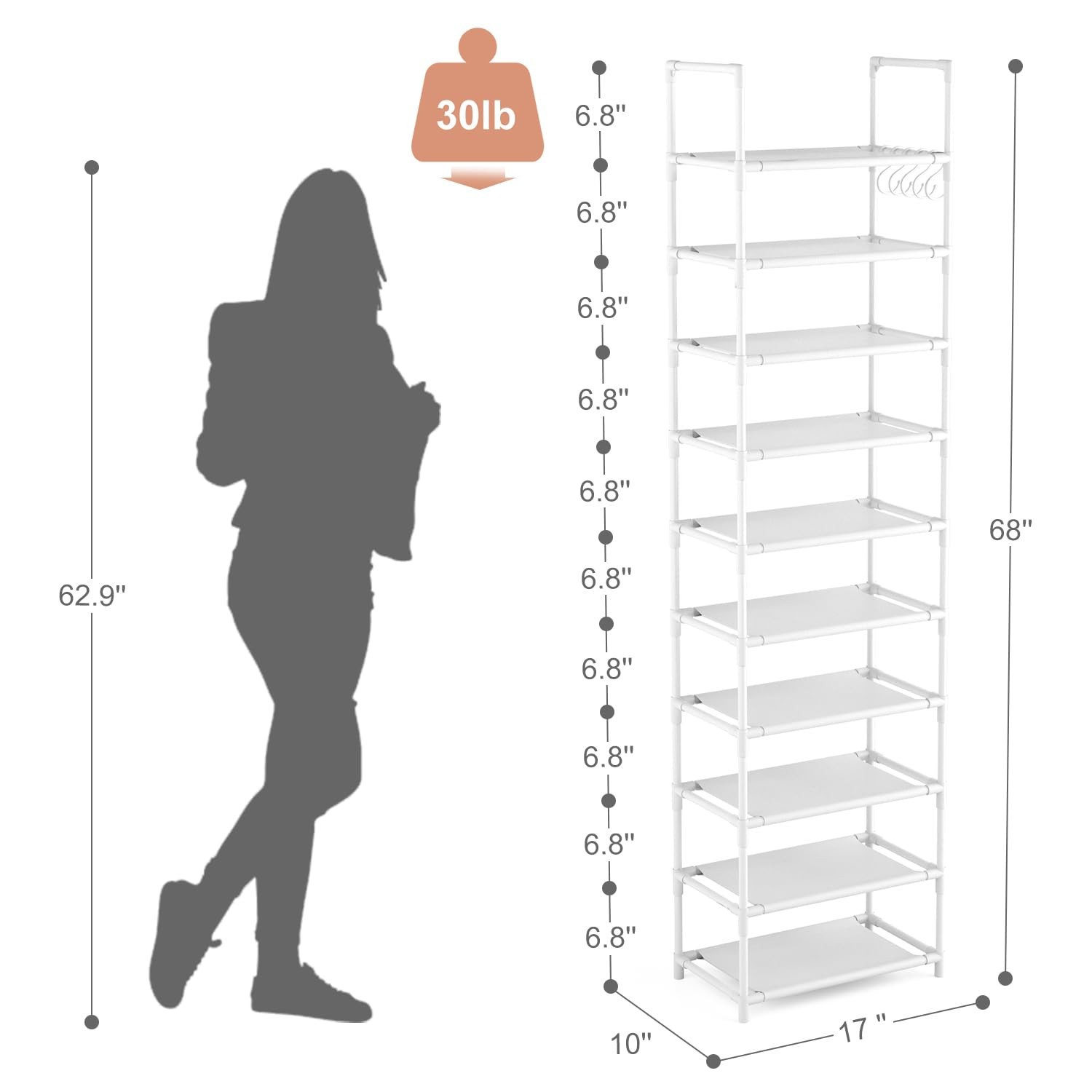10 Tiers Tall Shoe Rack 2025 Pairs Boots Organizer Storage Sturdy Narrow Shoe...