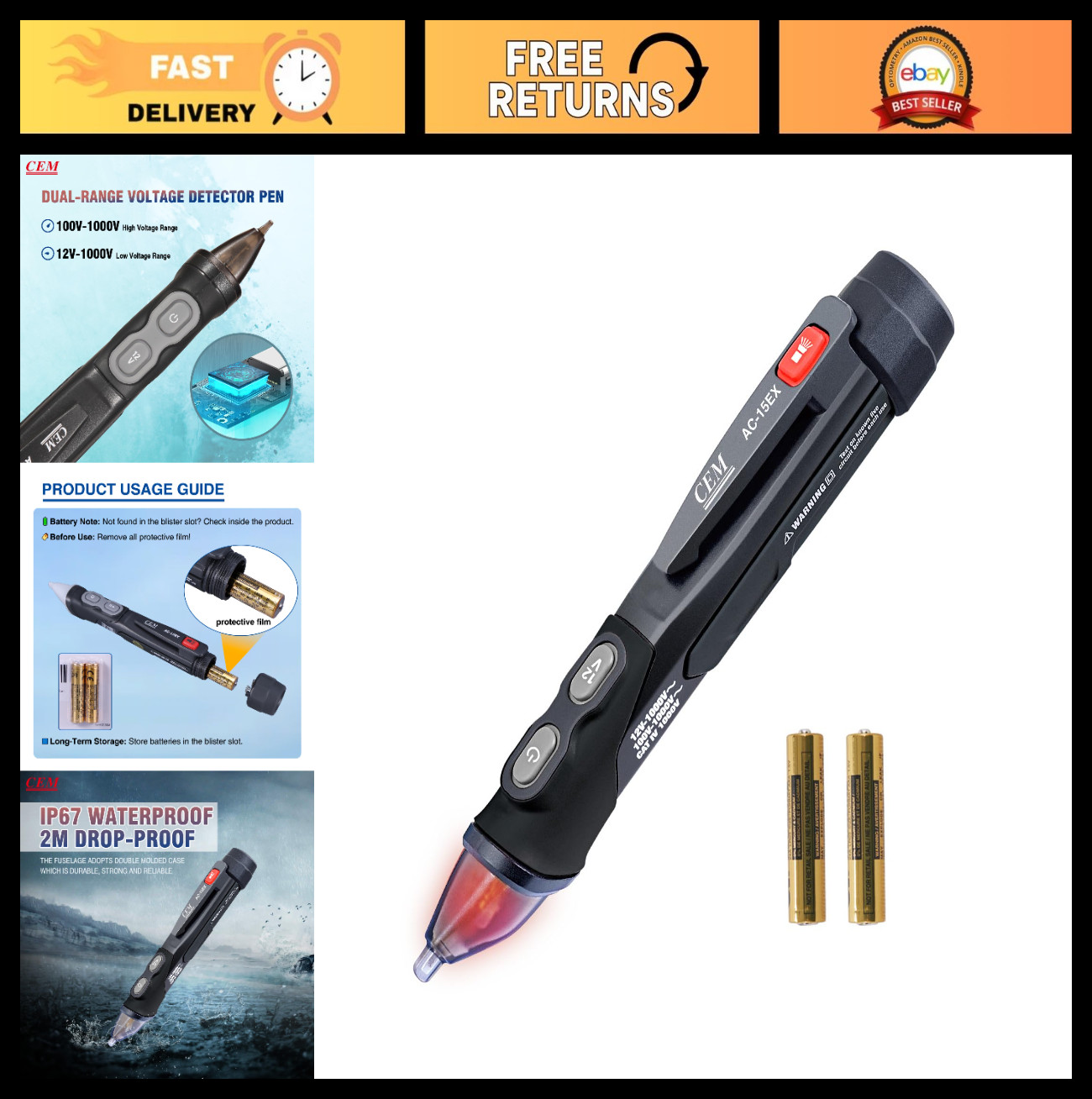 Non-Contact Voltage Tester AC 12V-1000V, Dual Range, Buzzer Alarm, Flashlight, W