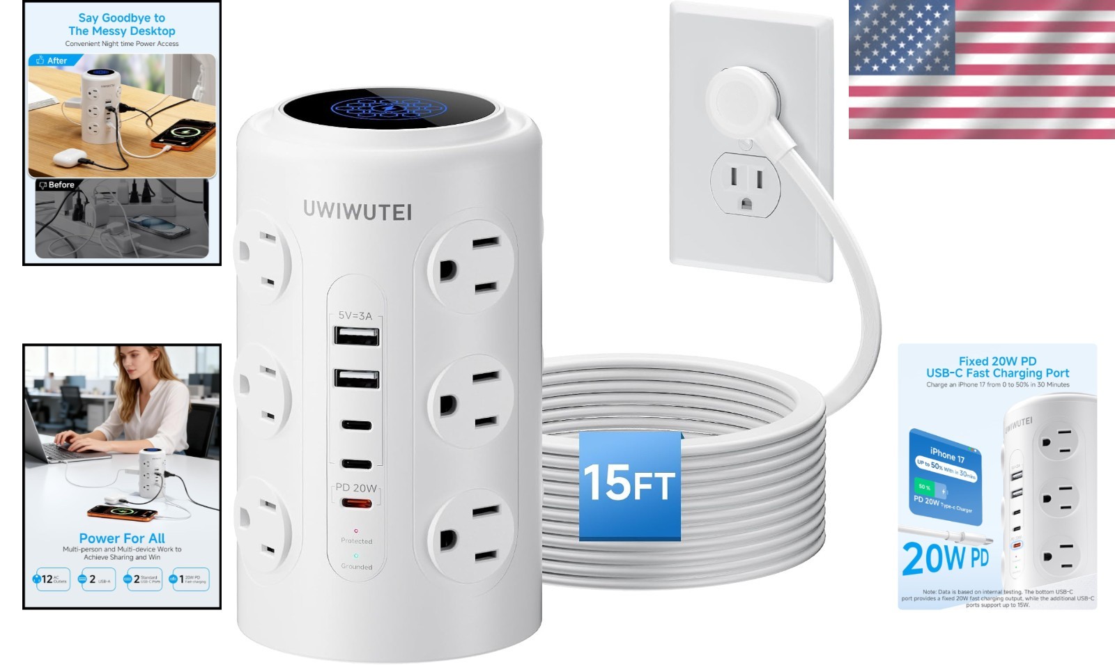 Vertical Charging Station with 12 Outlets, 5 USB Ports