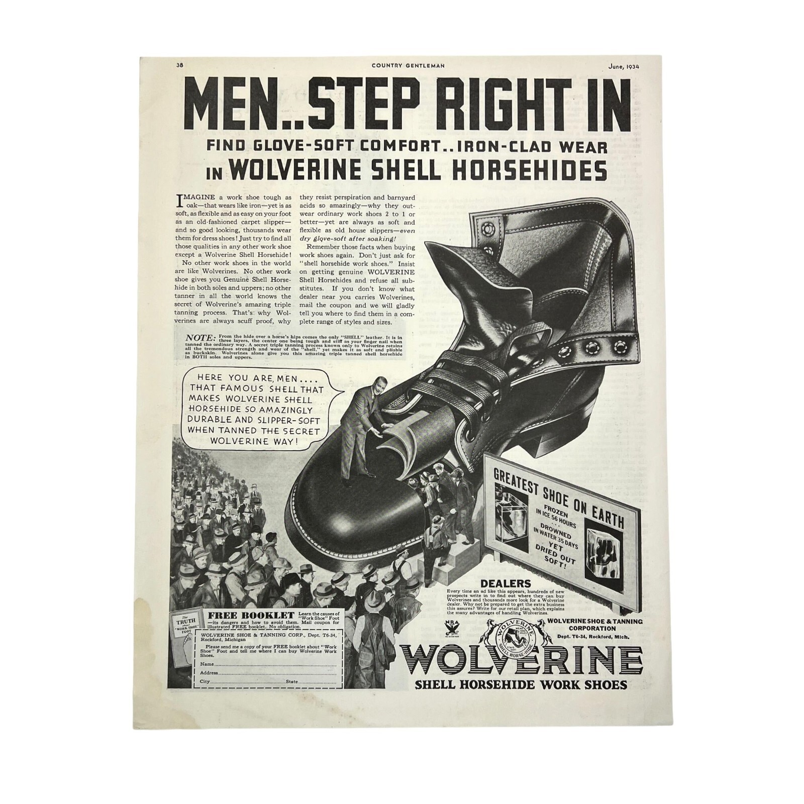 1934 Wolverine Shell Horsehide Work Shoes Original Full-Page B&W Print Ad
