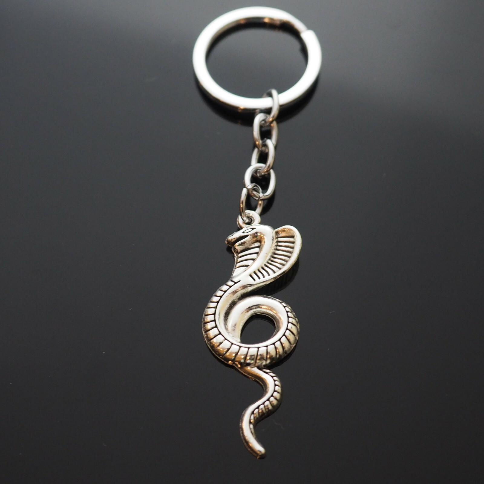 King Cobra Snake Coiled Lover Silver Charm Pendant Keychain Gift