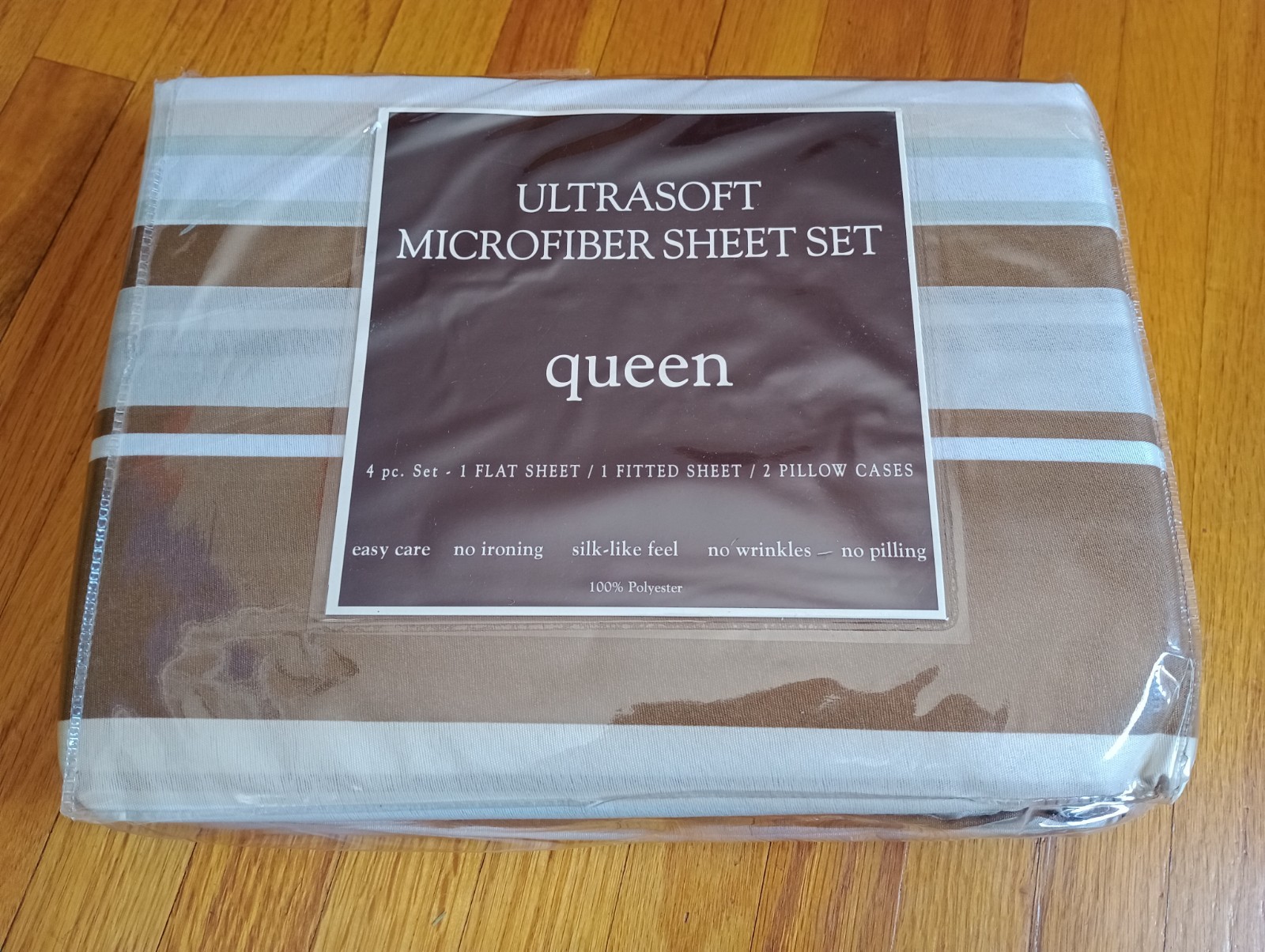 Ultrasoft Microfiber Sheet Pillowcase Set 4 Piece Striped Queen Blue Brown New