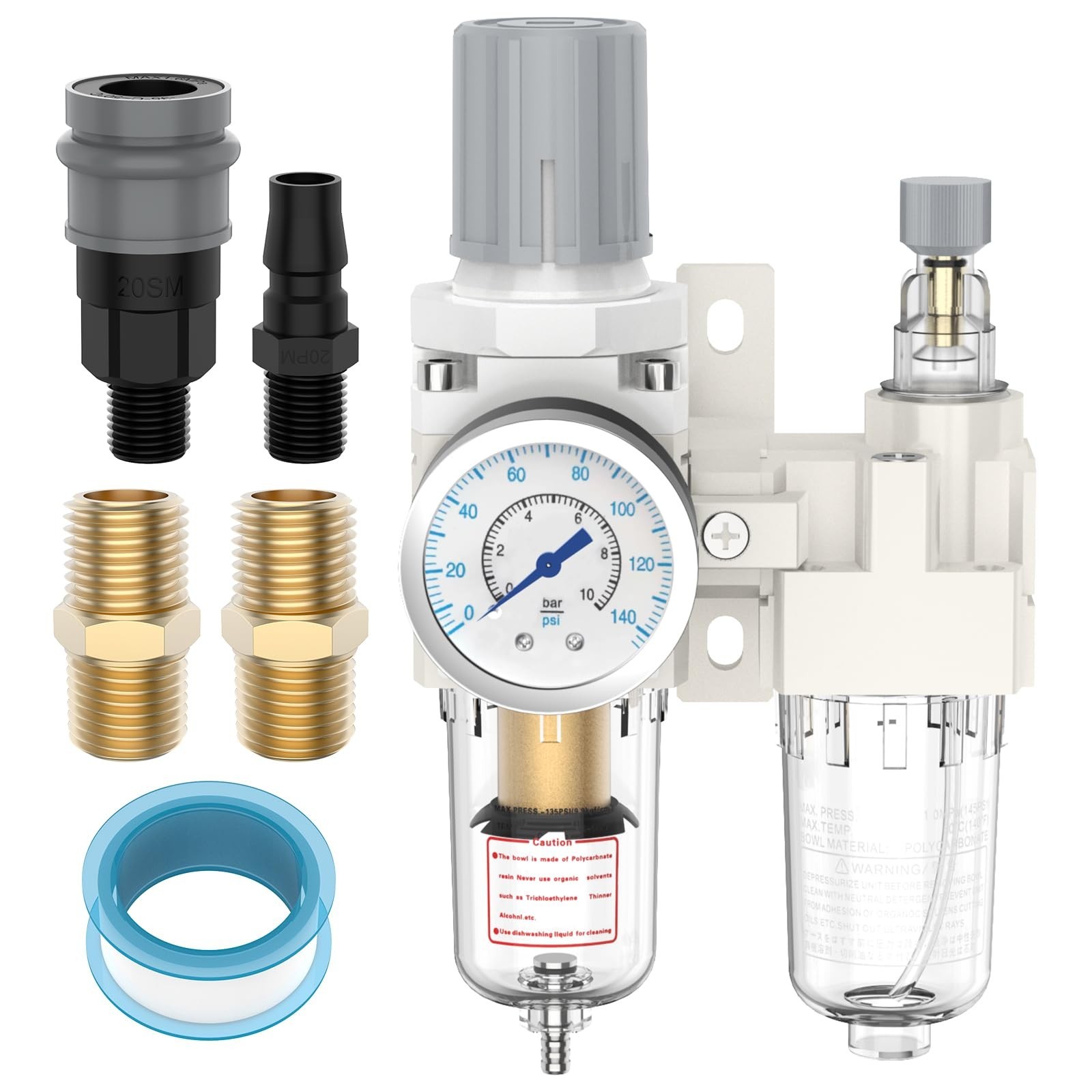 1/4" NPT Air Pressure Regulator Lubricator Combo, Water Separator for Air Com...
