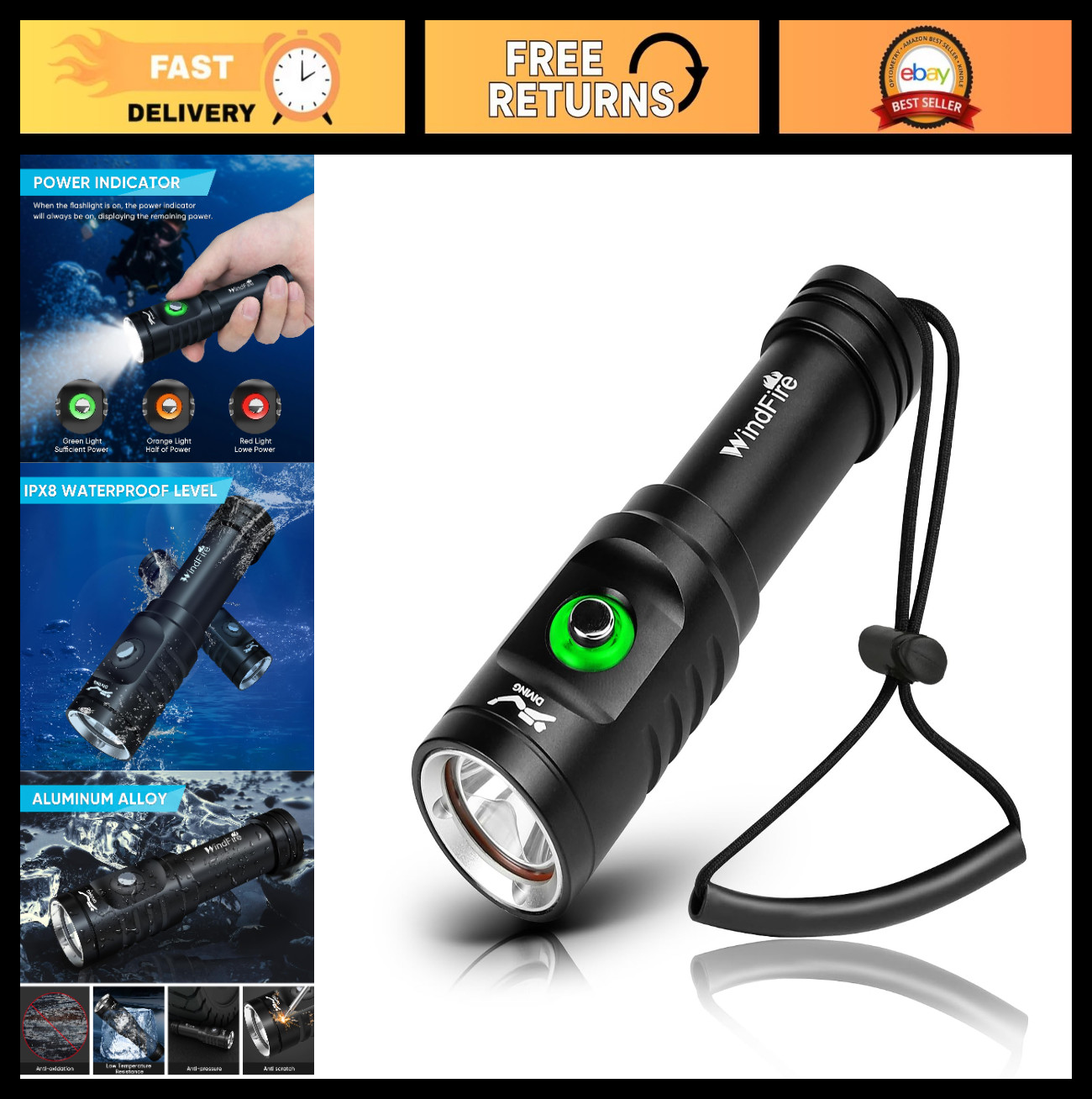 Bright Underwater Dive Light - 3 Modes, IPX8 Waterproof, Long-lasting Battery, N