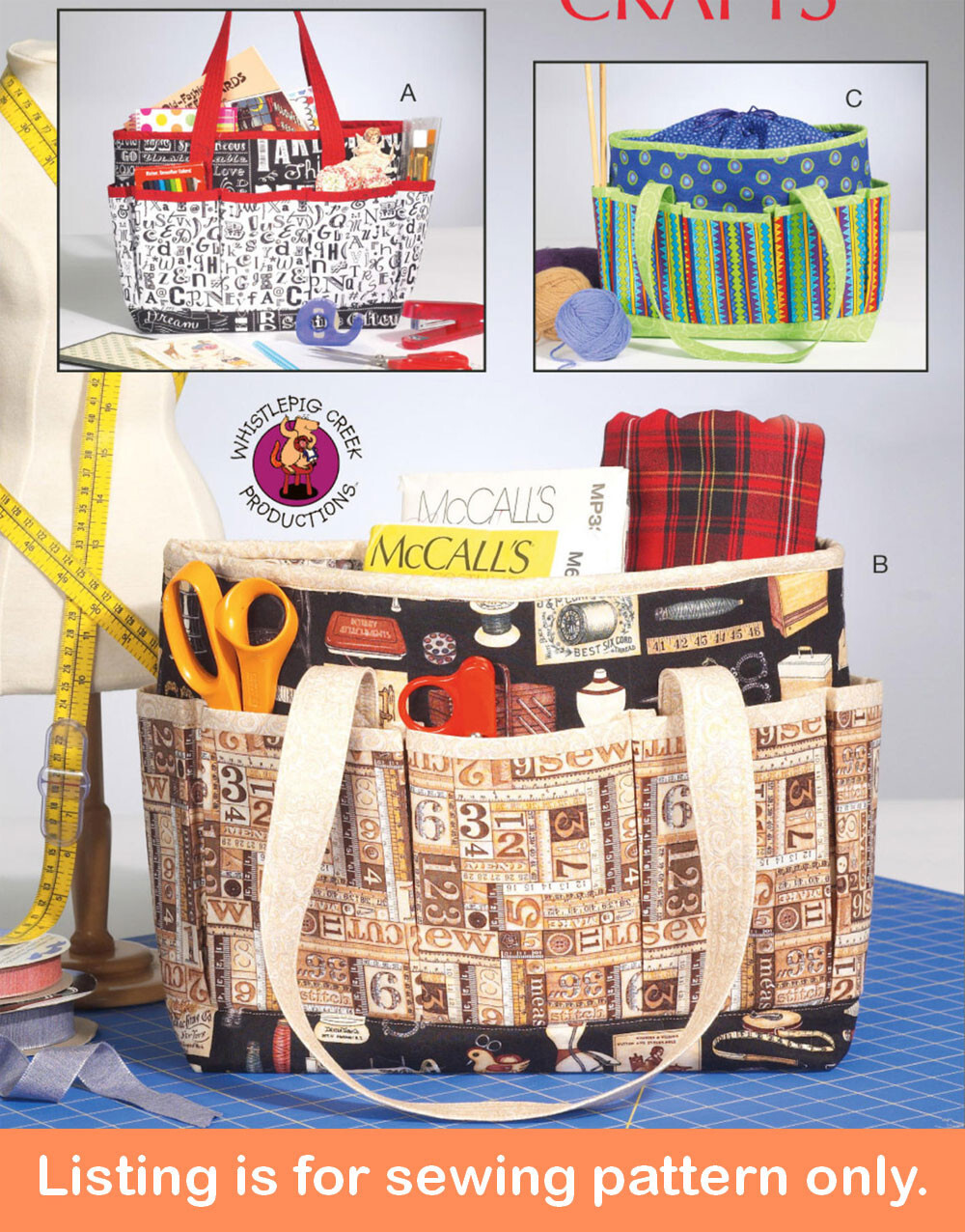 SEWING PATTERN Supplies Storage Bag Tote Sewing Knitting Crochet Men Women 7265