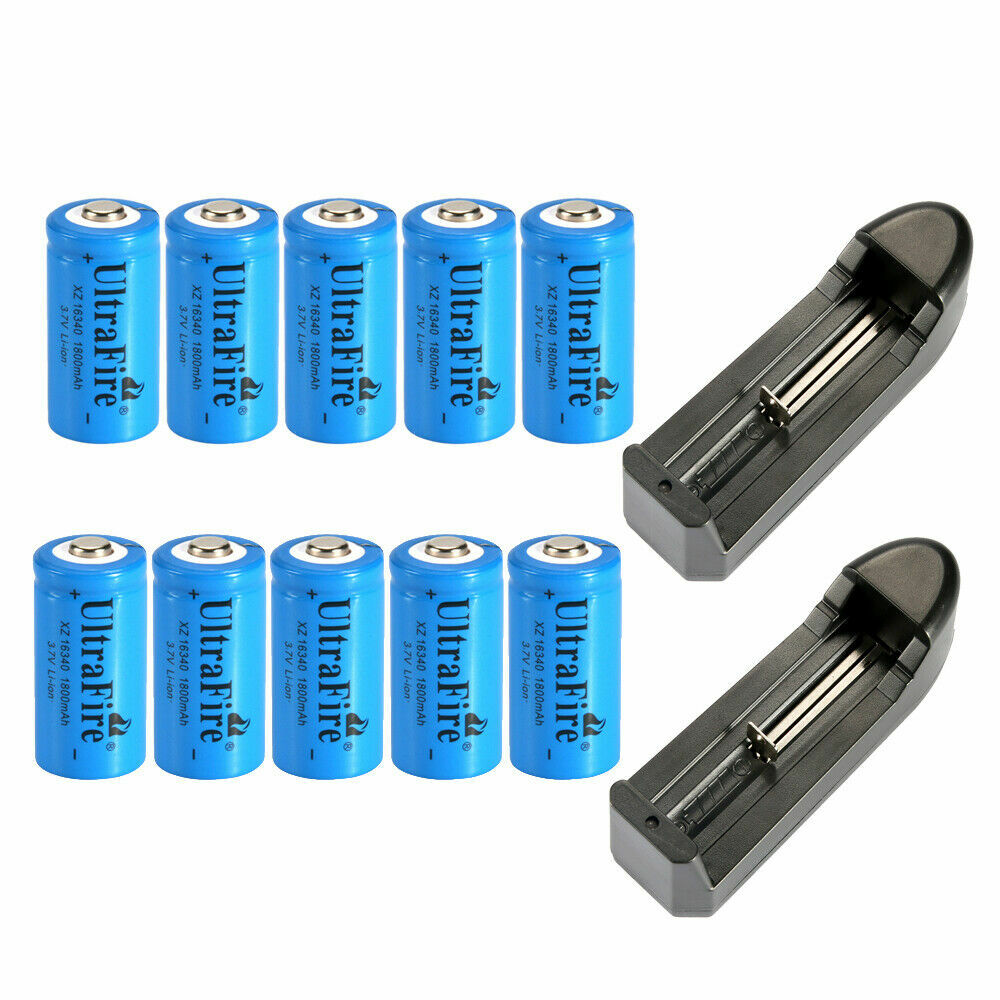 UltraFire 16340 Battery 1800mAh RCR123A Rechargeable 3.7V Cell Charger Lot