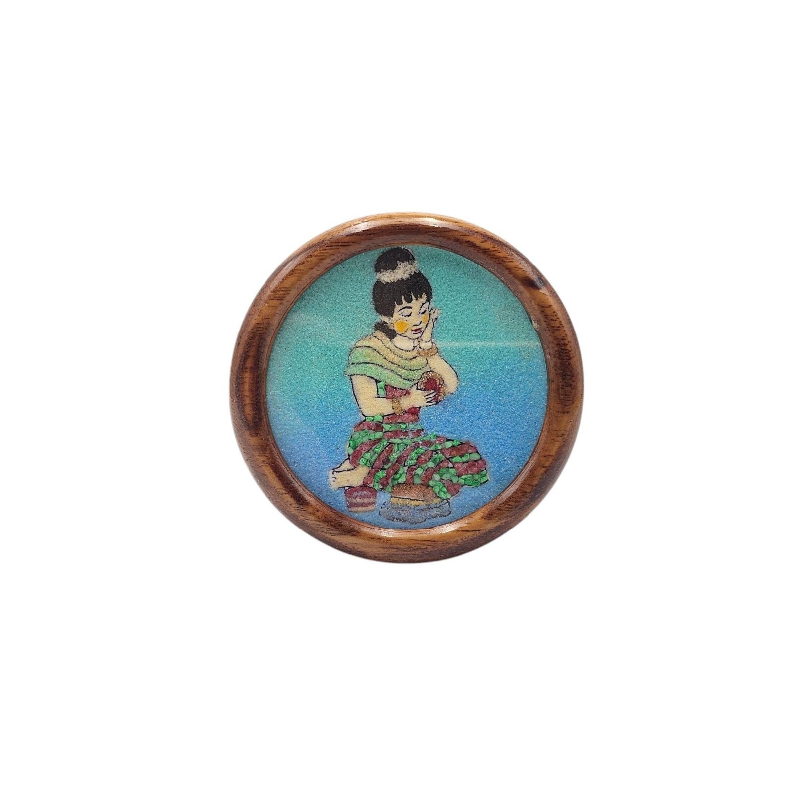 VTG Crushed Gemstone Oriental Woman Girl Figural 3.75" Round Wooden Frame