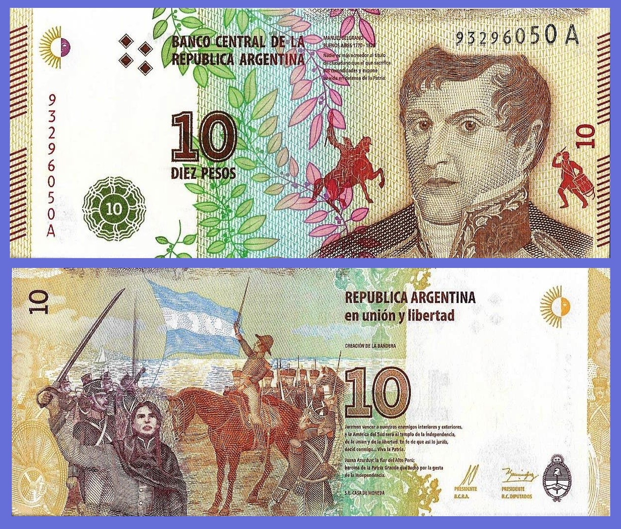 Argentina P360, 10 Pesos, Gen Belgrano / Juana de Padilla and Belgrano UNC $7 CV
