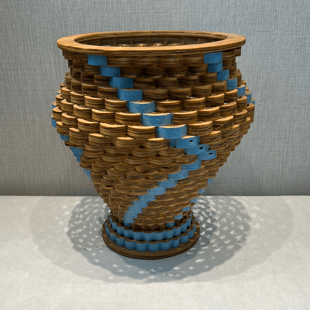 Vtg Handcrafted Wooden Decorative Tornado Bowl Vase Scroll Saw Scalloped Blue