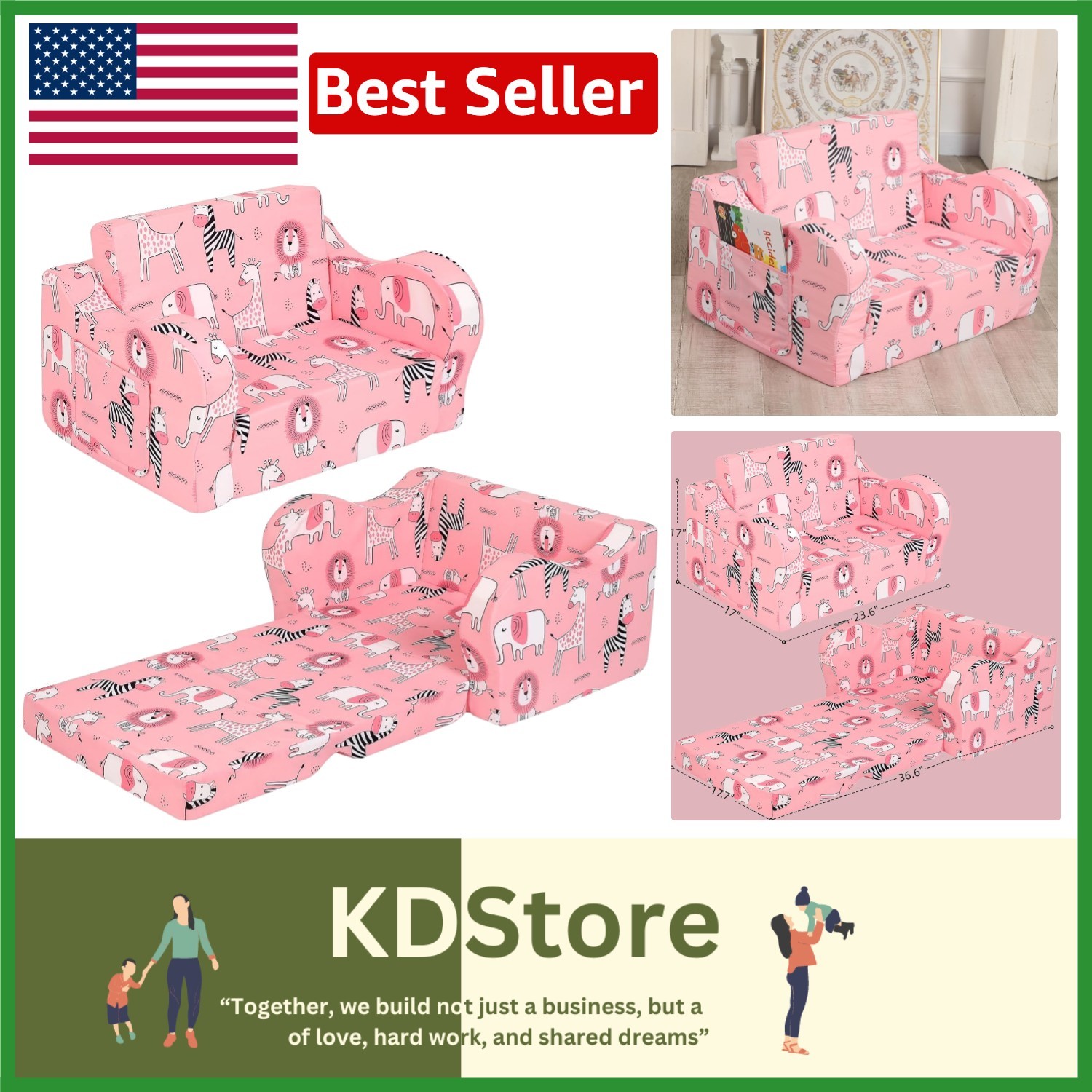 Charming Pink Play Sofa for Kids: Foldable Foam Couch with Animal Patterns