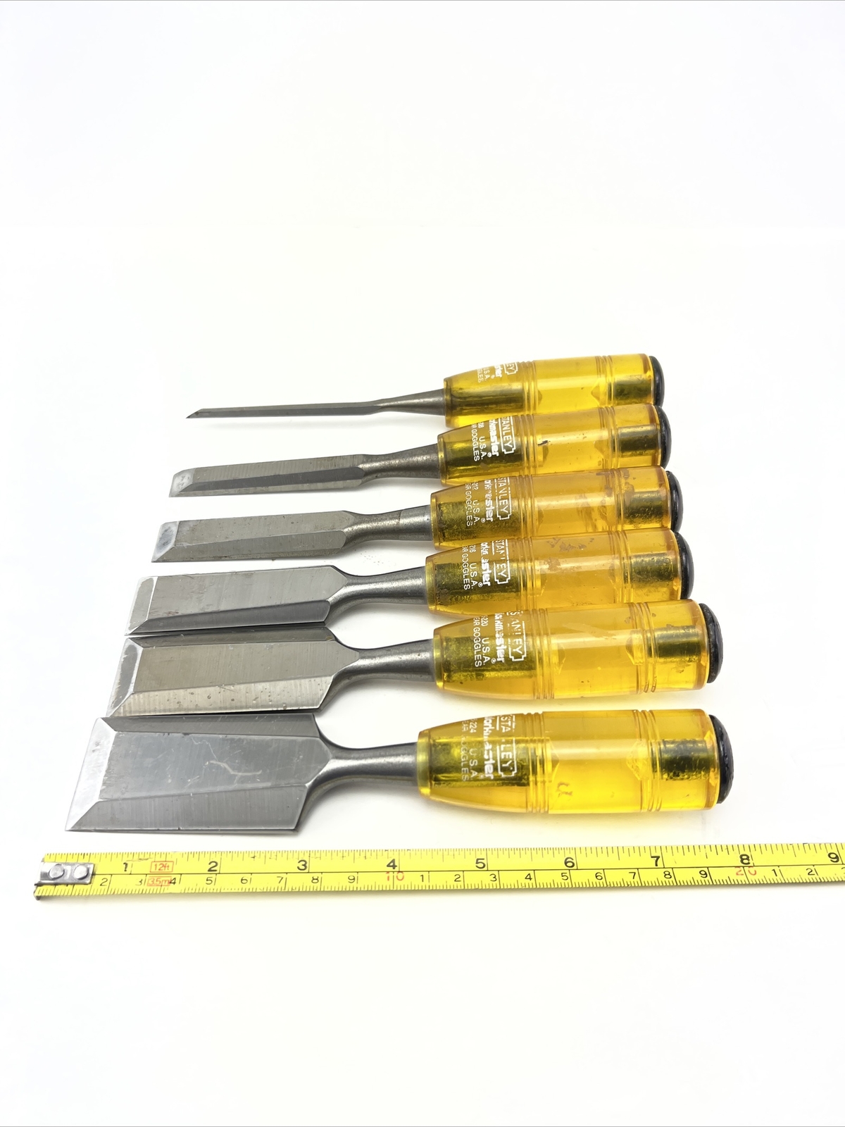 Vintage Stanley Workmaster 6 pc Bevel Edge Paring Chisel Set Made In USA.