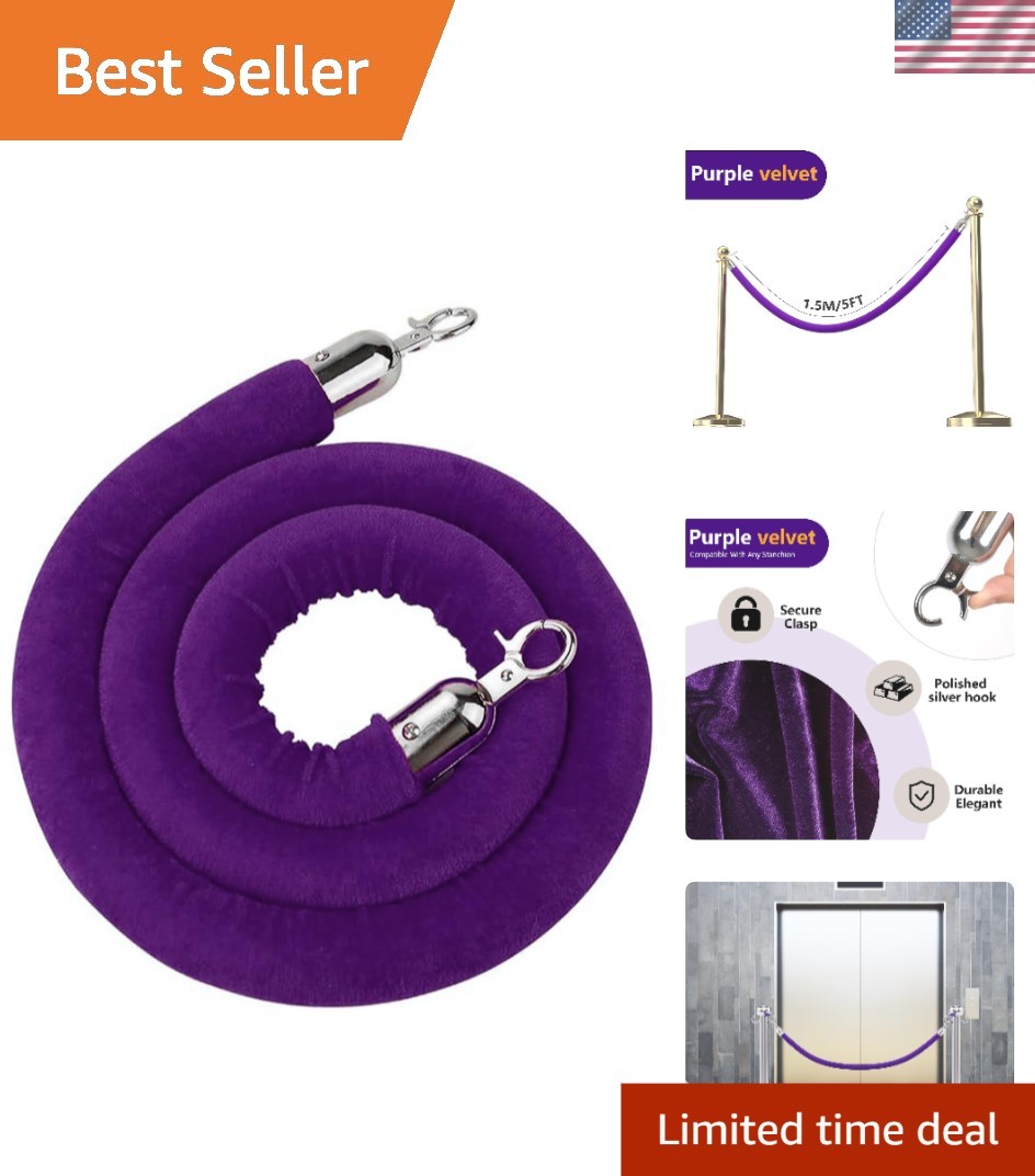 5ft Purple Velvet Stanchion Rope with Silver Hooks for Elegant Crowd Control