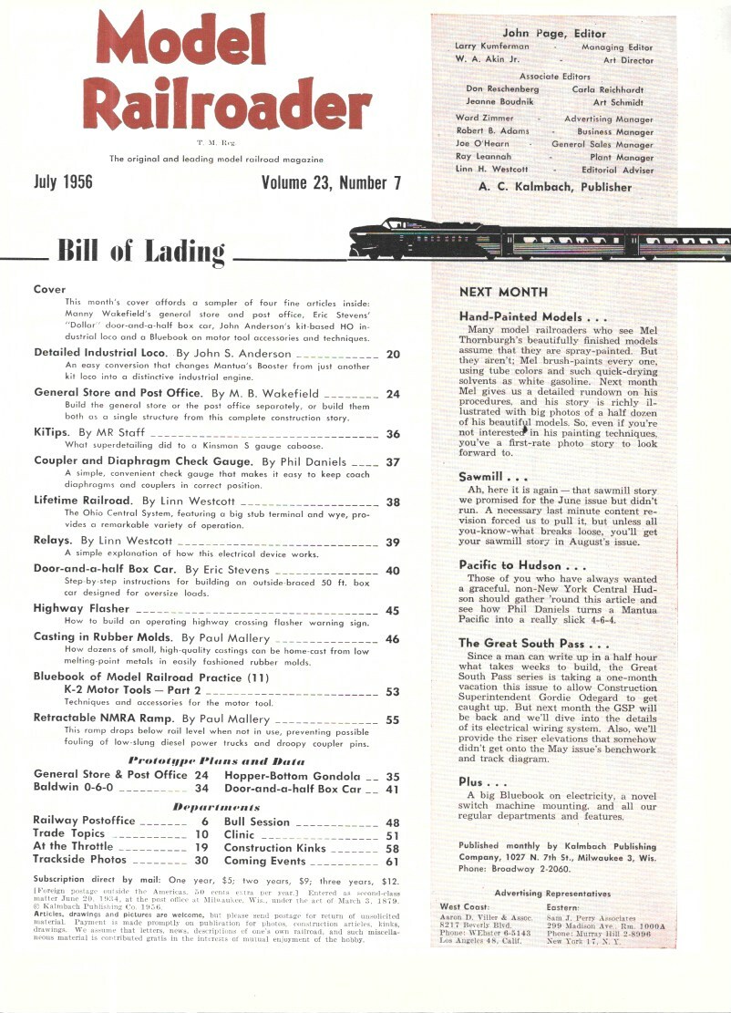 Model Railroader July 1956 General Store Post Office Lifetime Layout Motor Tools