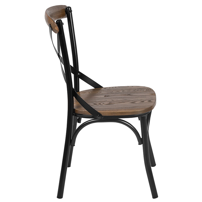 Bistro Style Cross Back Metal Restaurant Chair w/ Metal Bracing & Fruitwood Seat