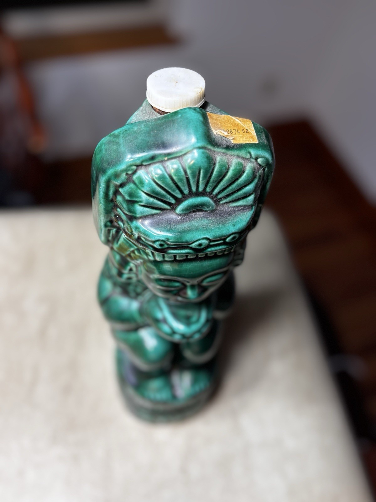 Vintage Kahlua Mayan Aztec Figural Ceramic Decanter Green Mexico Empty 757cc