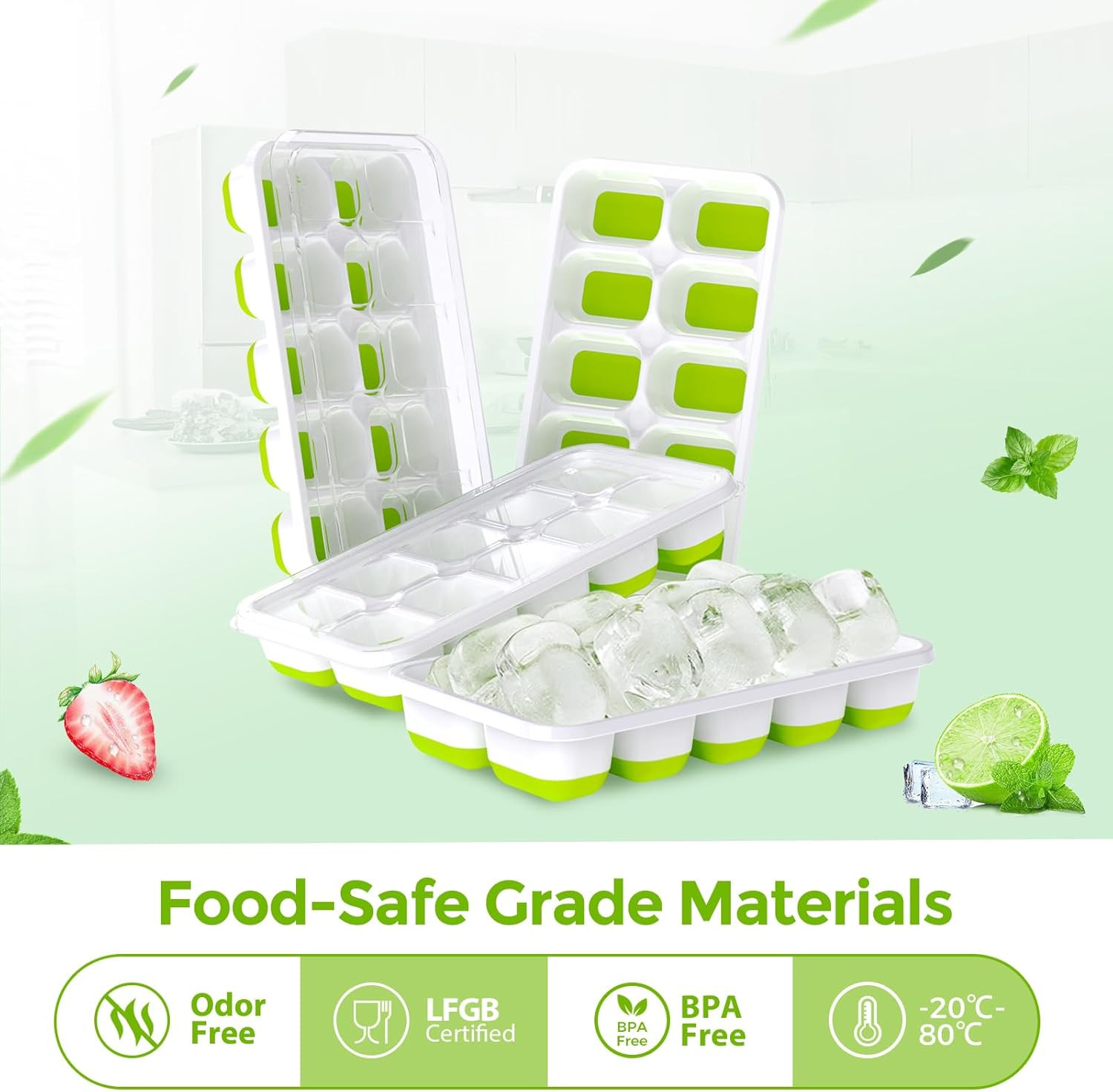 Ice Cube Tray with Lids - 4 Pack Stackable Silicone Ice Trays for Freezer, BPA &