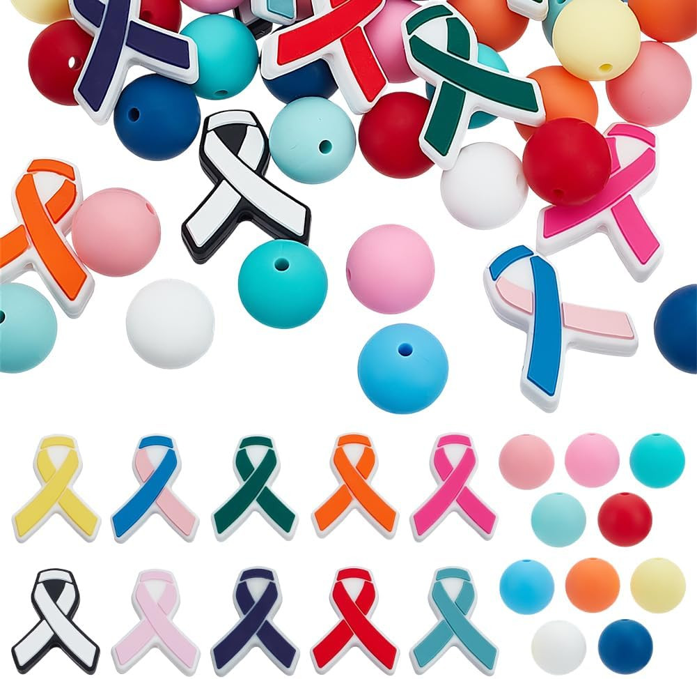 70 PCS Awareness Ribbon Silicone Beads 2 Shapes 10 Colors Focal Beads for Pens K