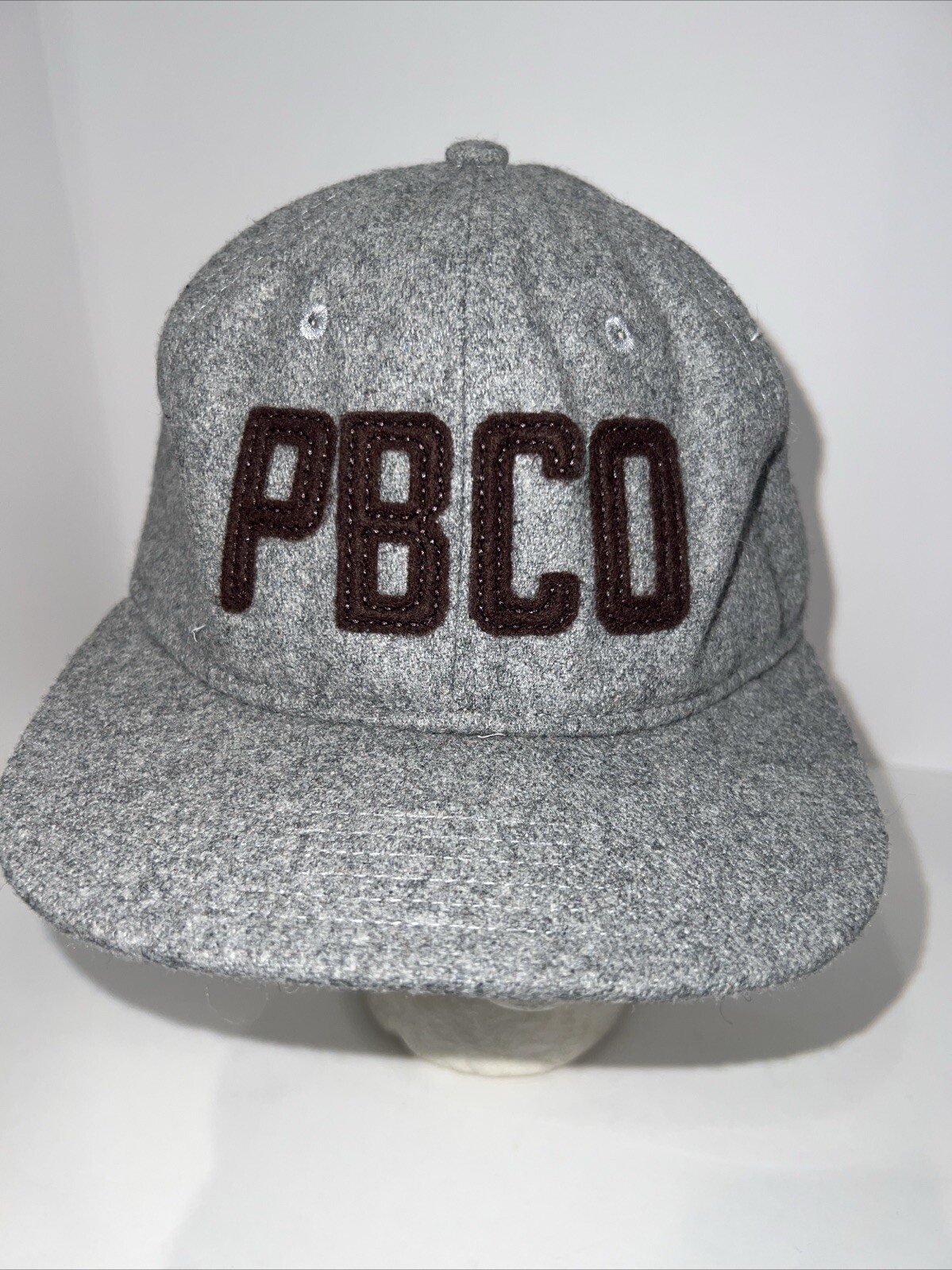PBCD Brown Felt Letters on Gray Wool Like Cap Hat Prohibition Barber Brand EUC