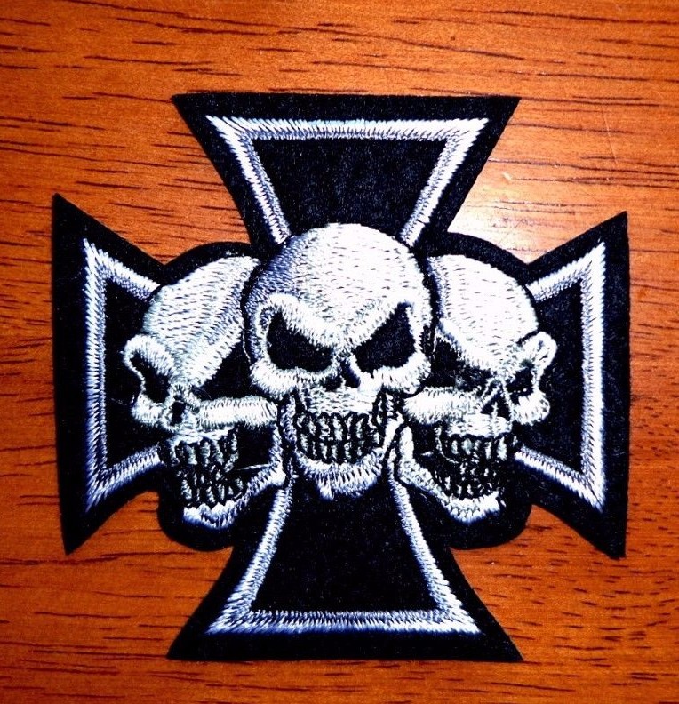 Maltese Cross Three Skulls Iron On Punk Rock Gothic Biker Vest Large Patch