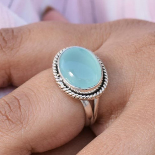 Natural Oval Aqua Chalcedony Silver 925 Sterling Silver Gemstone Ring Jewellery