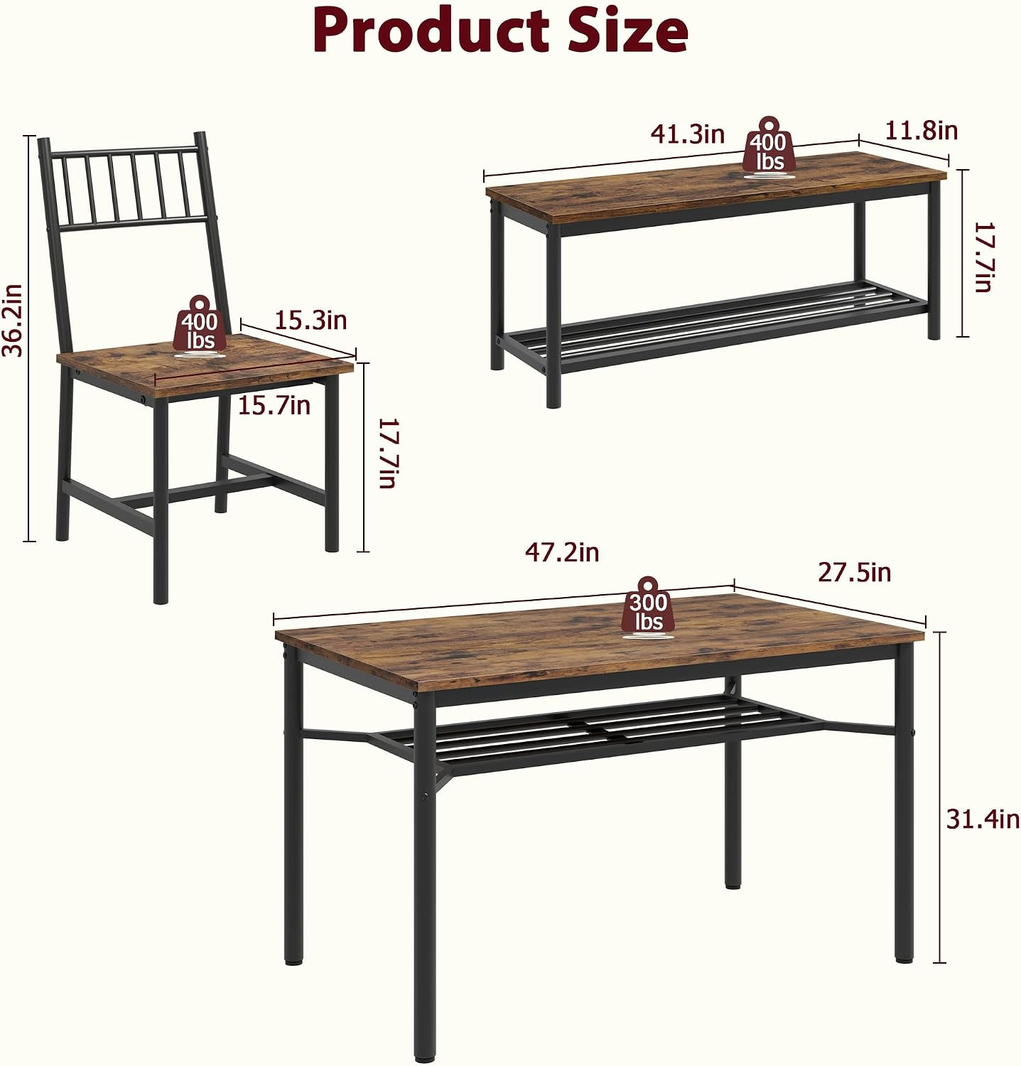 Dining Table Set for 4 with Bench and Chairs, 4-Piece Kitchen Table Set with Sto