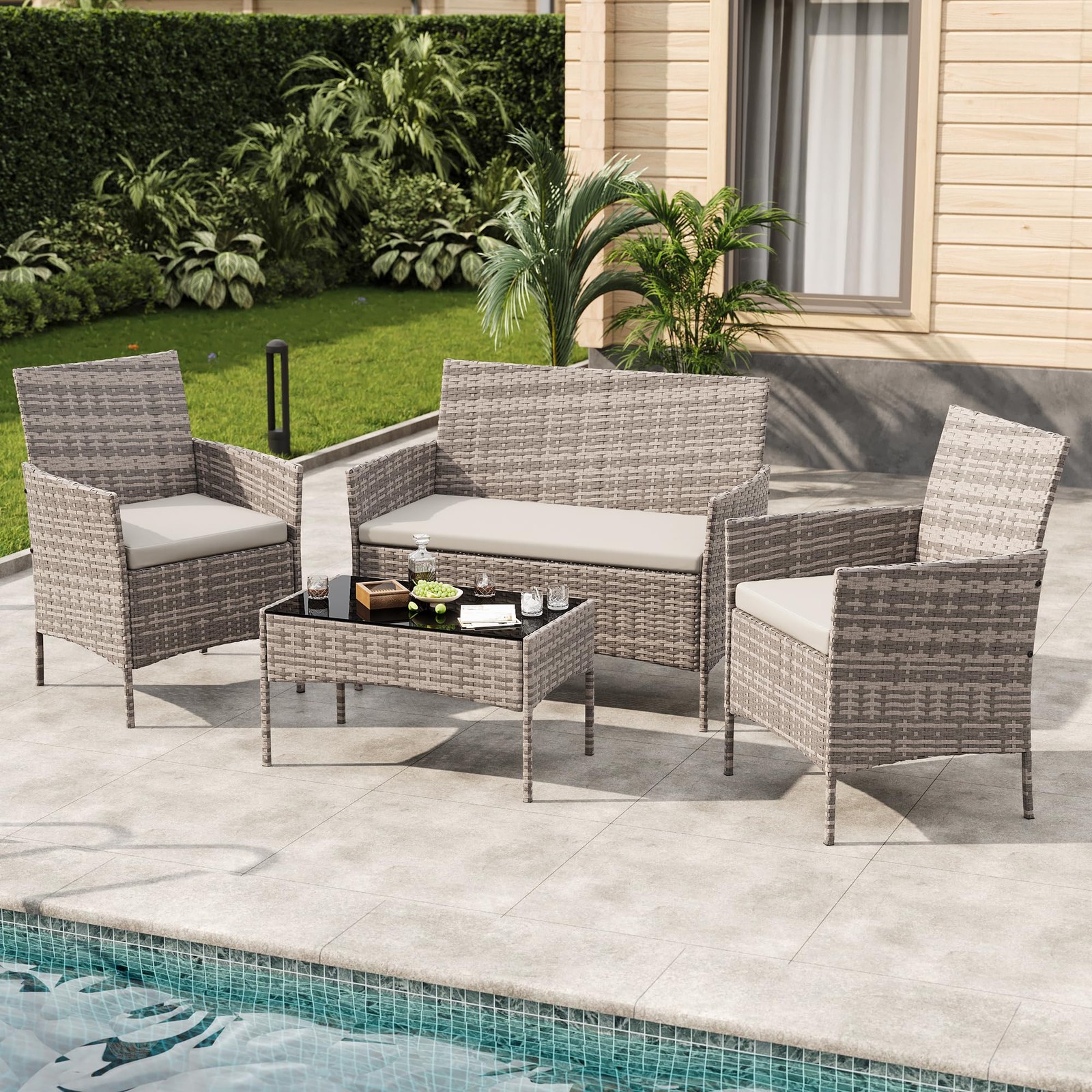 MilleLoom 4-Piece Outdoor Furniture Set, PE Rattan 4 Pieces, Gray/Light Gray