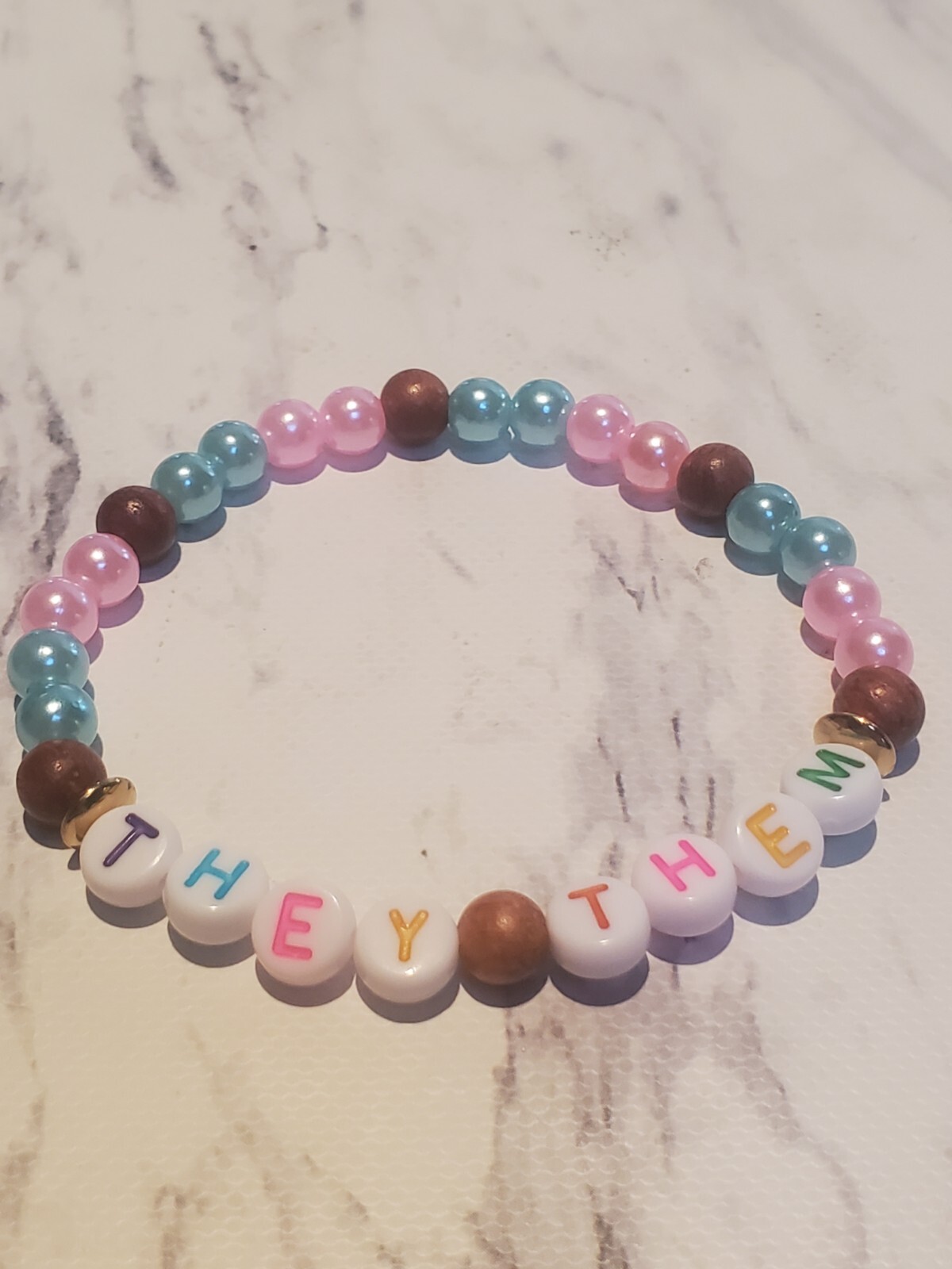 Handmade "They Them" Beaded Bracelet Pink & Blue