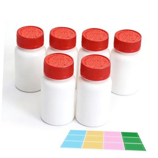 6 Pack 5oz Travel Pill Bottles - White Food Grade Plastic 5oz/150ml White+red