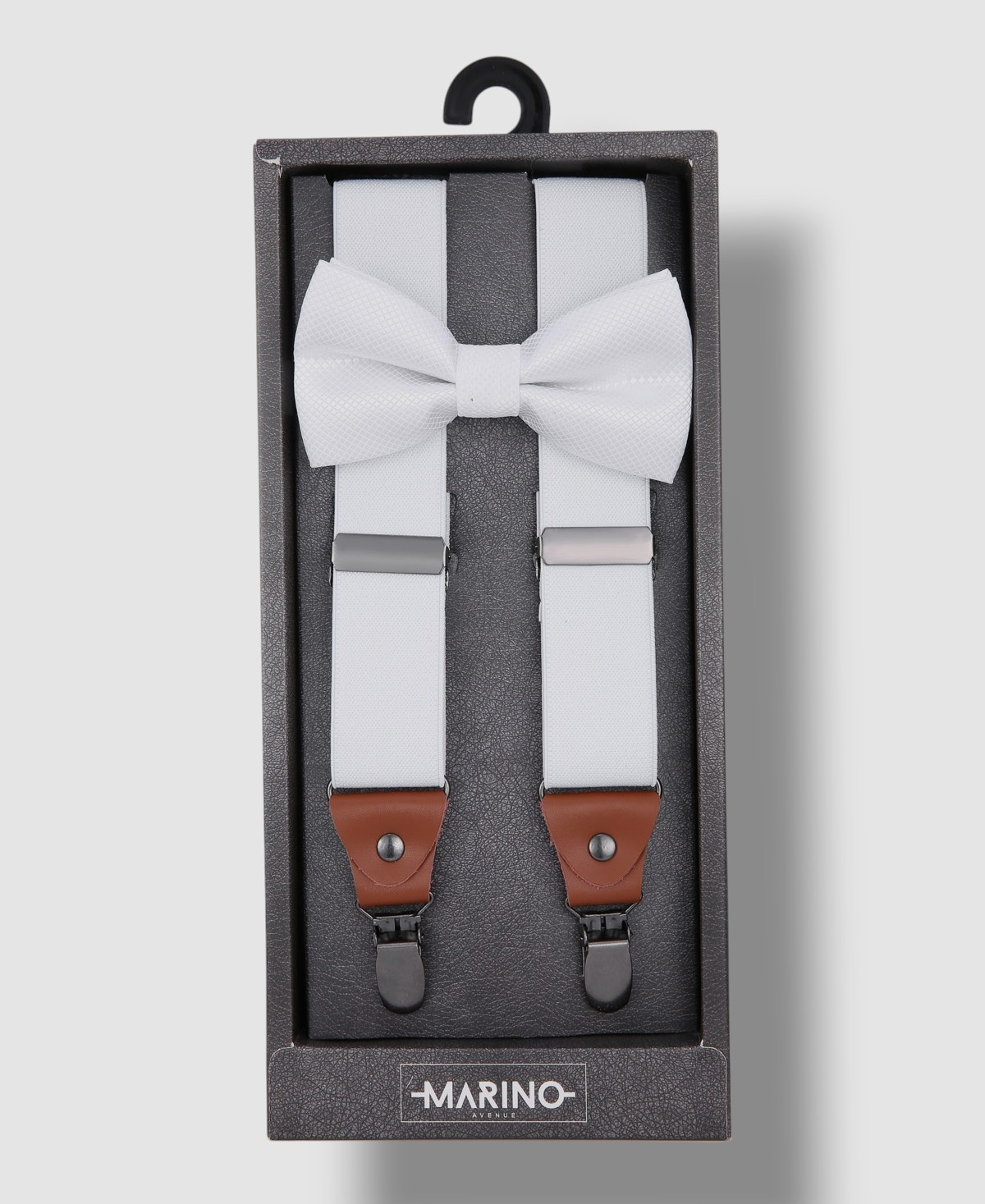 Marino Avenue Men White Dashing Logo Classic Leather Suspenders and Bow-Tie Set