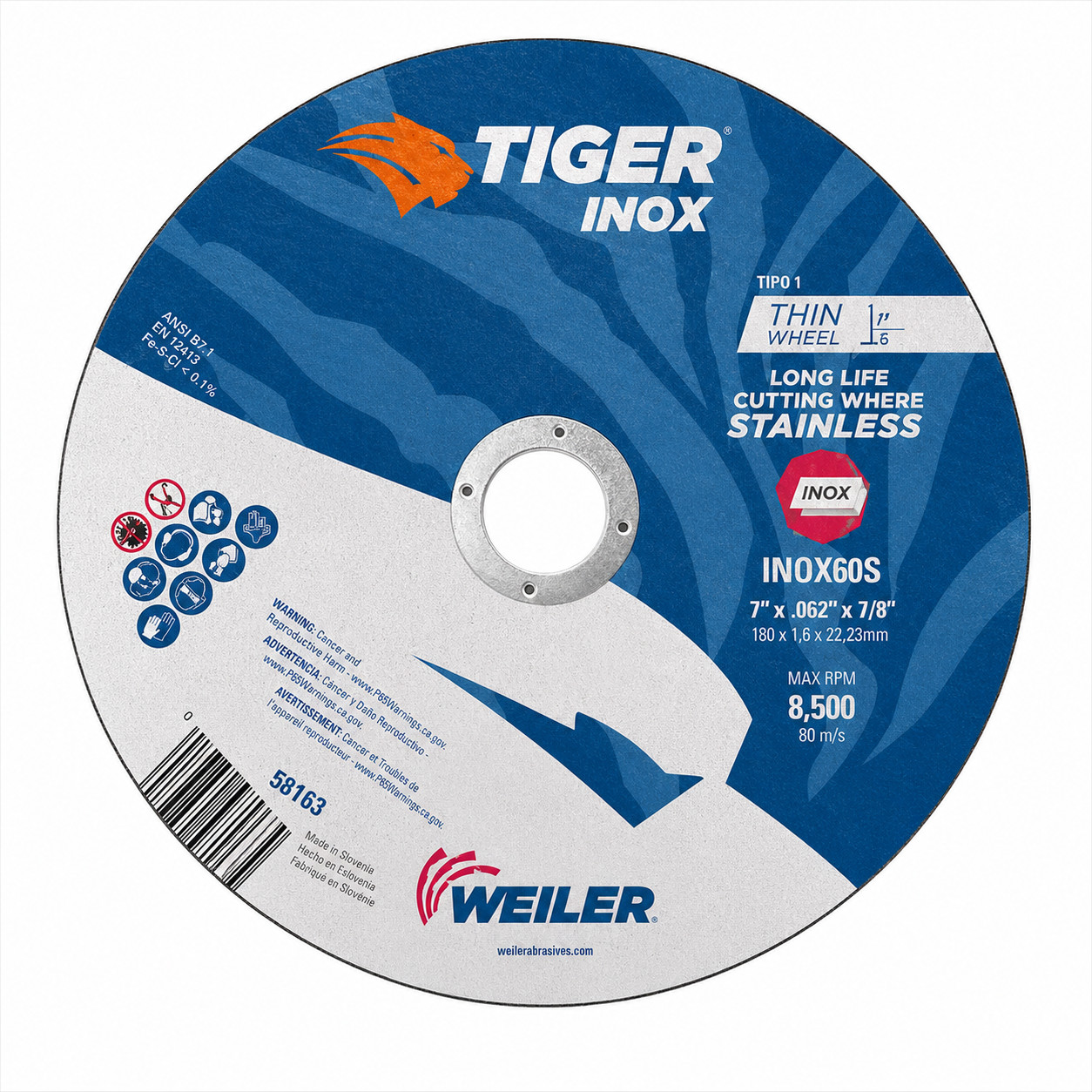 Weiler 58103, Tiger INOX Cutting Wheel, Type 1, 7" x 7/8" Arbor, Pack of (25)