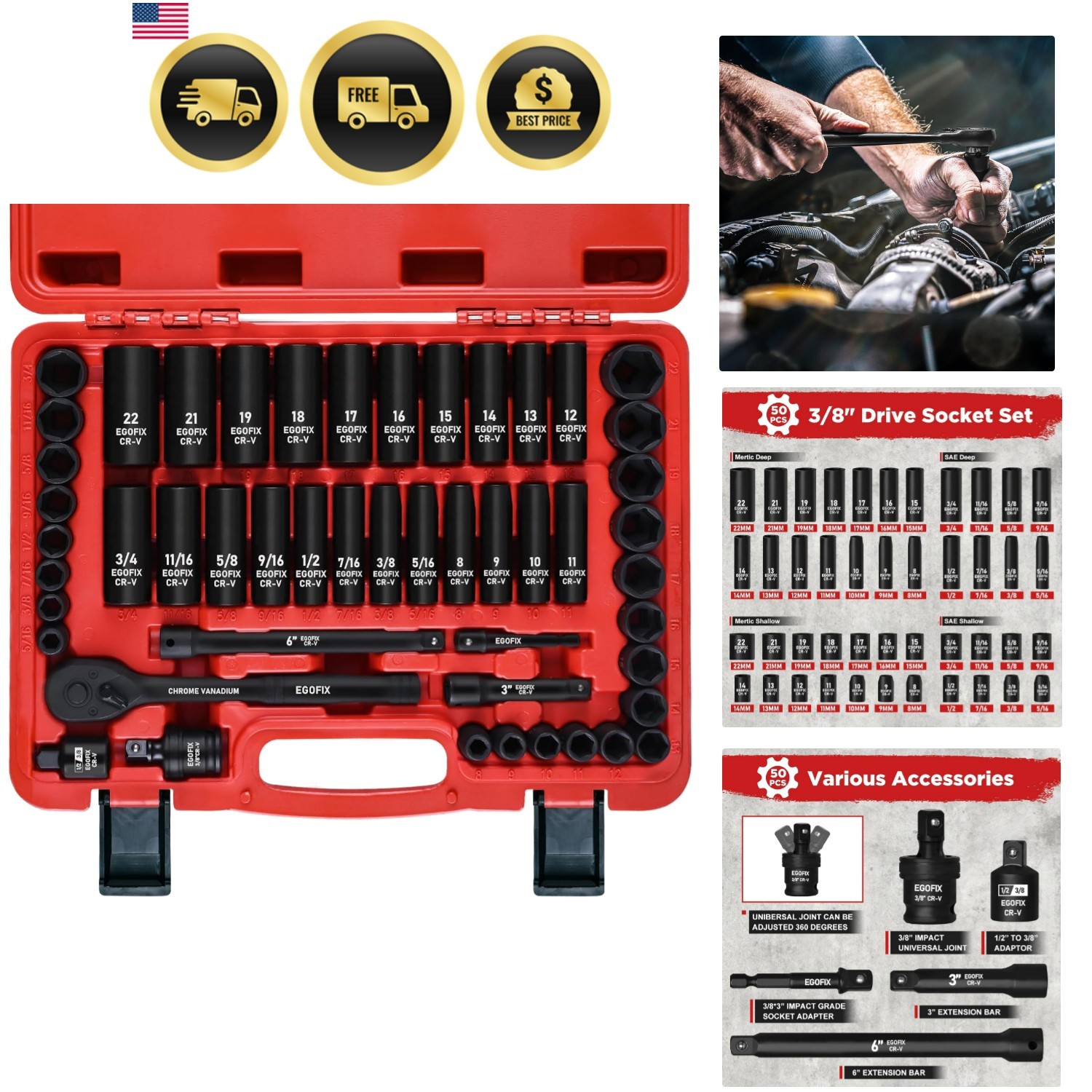 3/8" Drive Impact Socket Set, 50 Piece Standard SAE 5/16 to 3/4 inch and Metr...