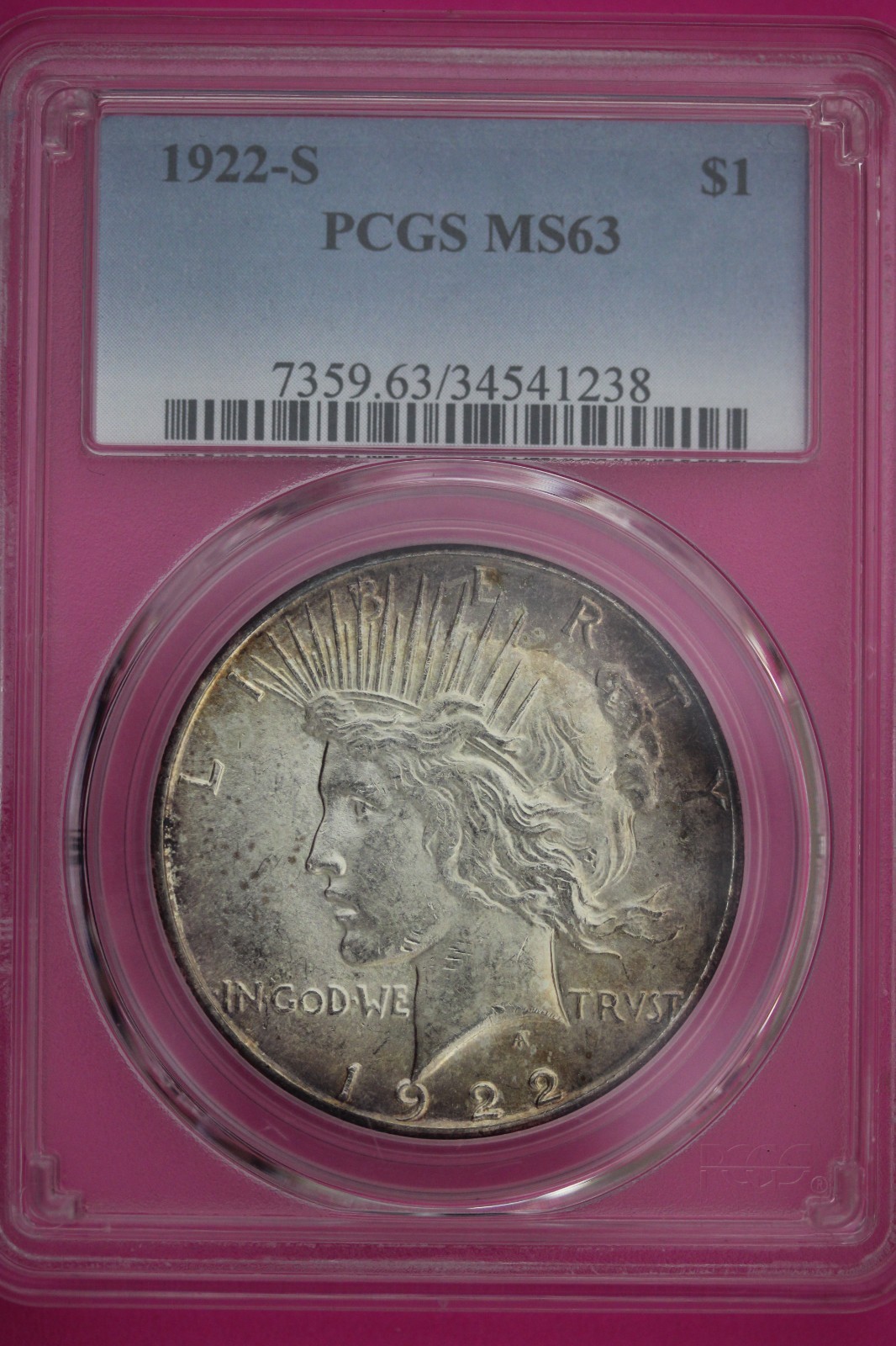 Toned 1922 S Liberty Peace Silver Dollar Authenitc Coin PCGS Certified Slab 91