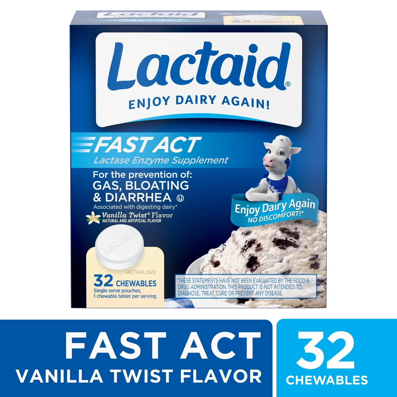 Lactaid Fast Act Lactose Rel. Chewables Vanilla 32 Pack  EXP: 6/27 NEW