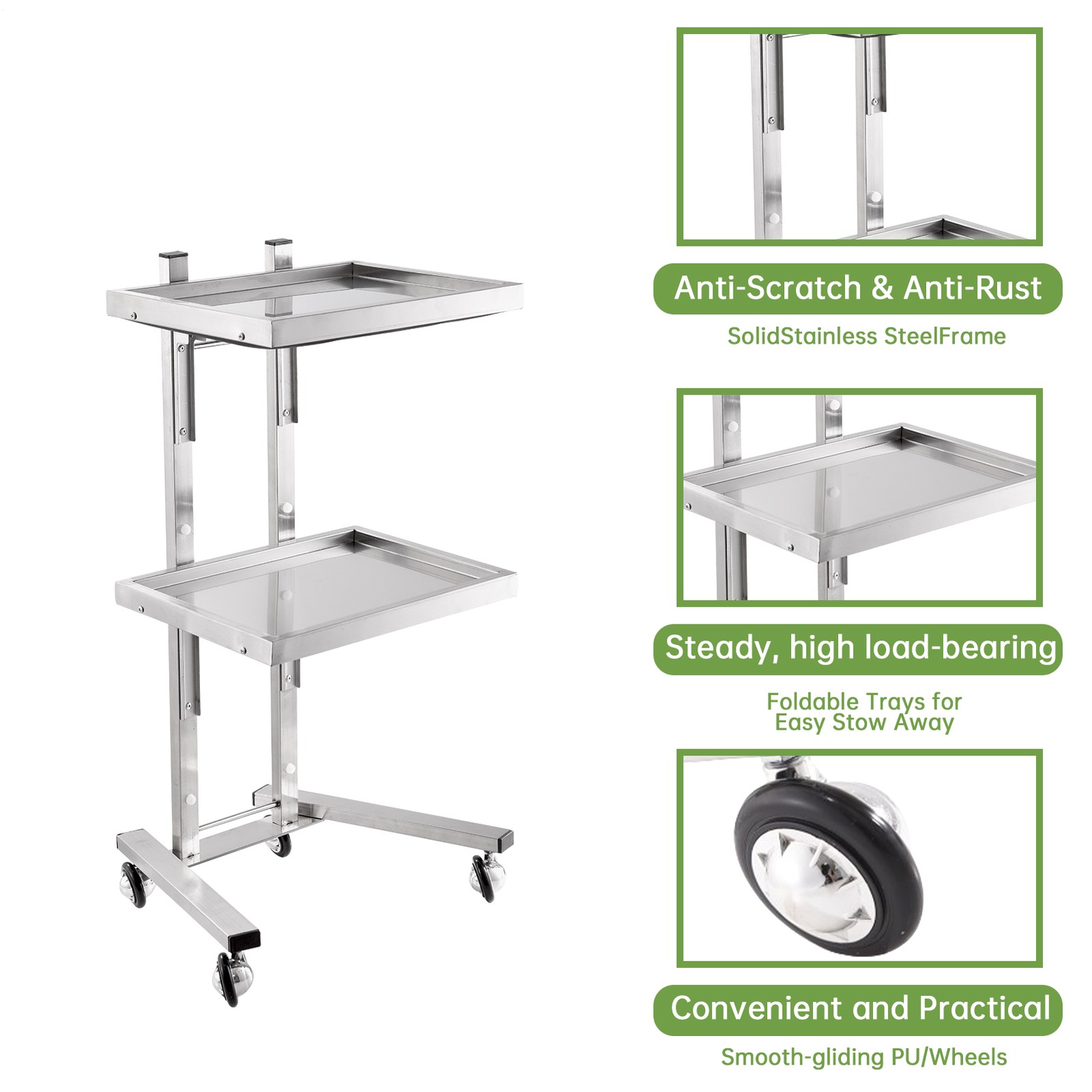 Multifunctional 2-Tray Utility Cart on Wheels - Stainless Steel Medical Trolley