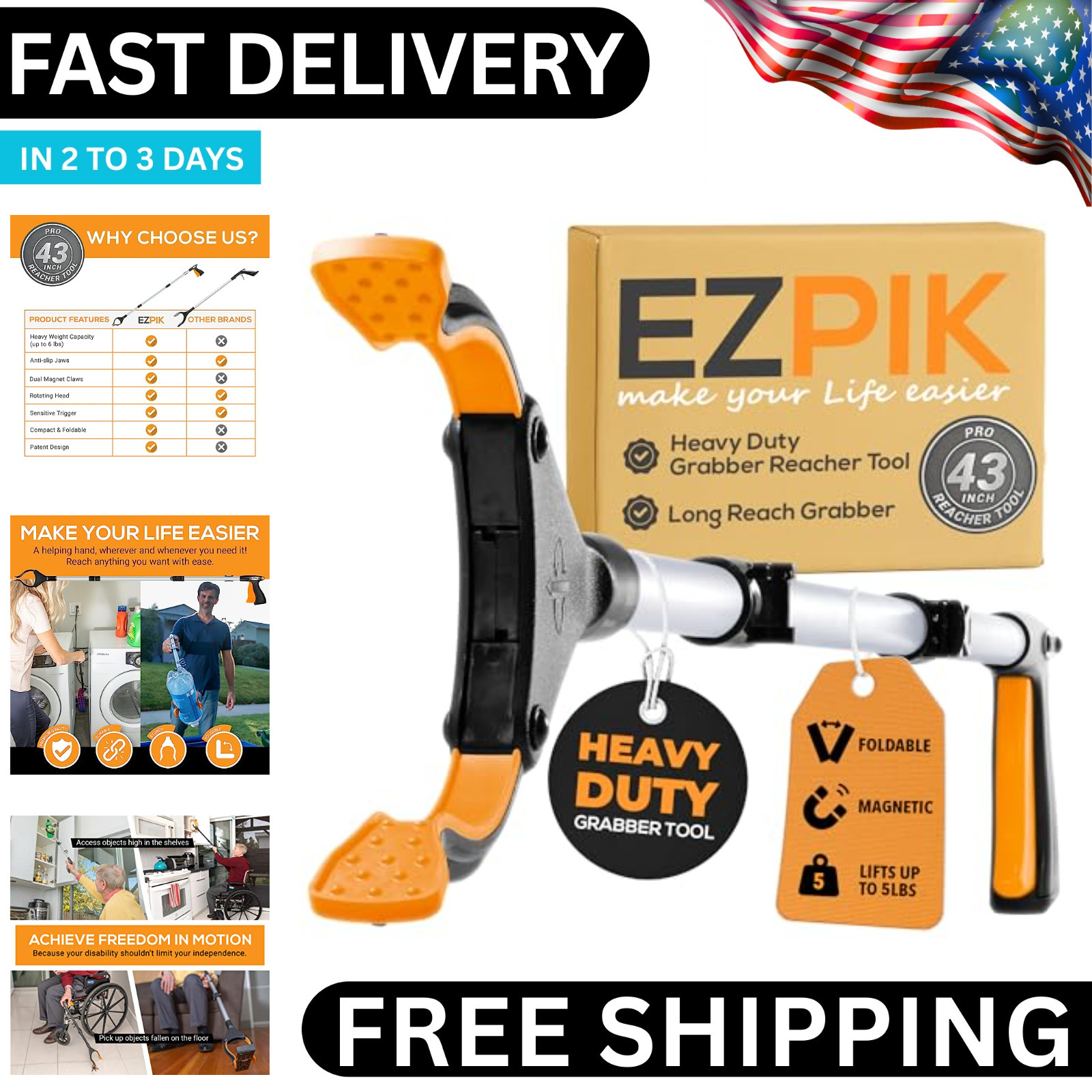 Industrial Heavy Duty Pick Up Tool Reacher Grabber Trash Rotating Head 32" Aid..