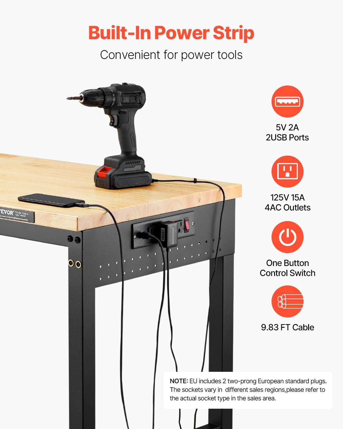 Adjustable Workbench, 60 Inch Work Bench with Power Outlet, Wheels, and Pegboard