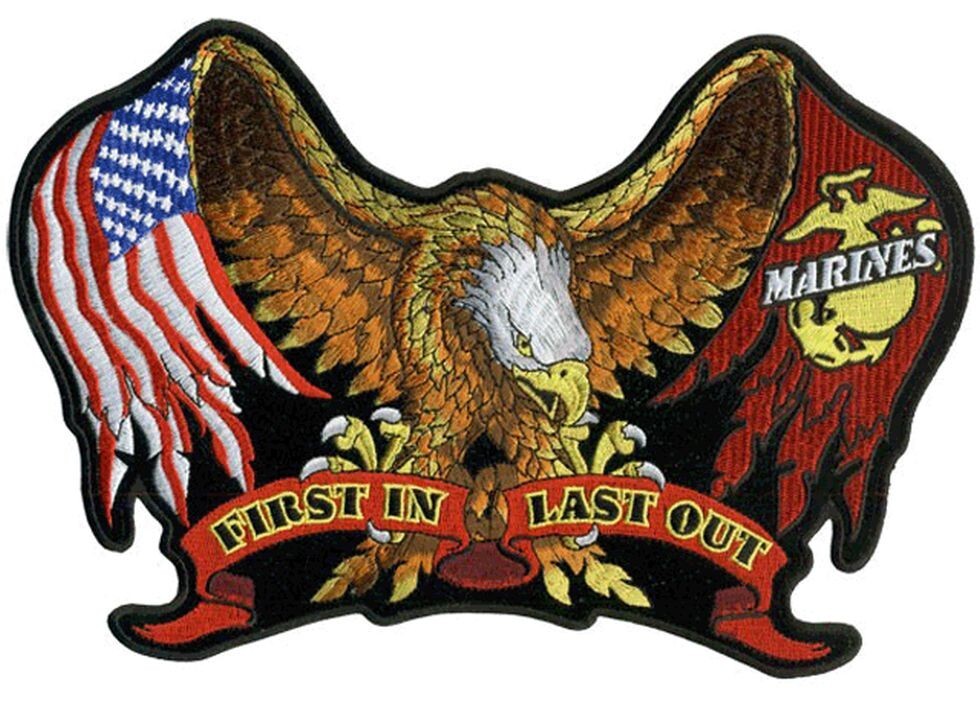 FIRST IN LAST OUT EAGLE MARINES US FLAG JACKET VEST BACK PATCH |iron on Sew  11"