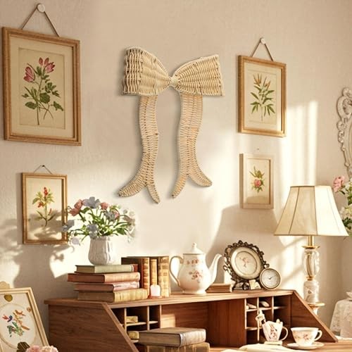 Rattan Bow Wall Decoration Boho Bow Wall Decor Woven Natural Hanging Beige