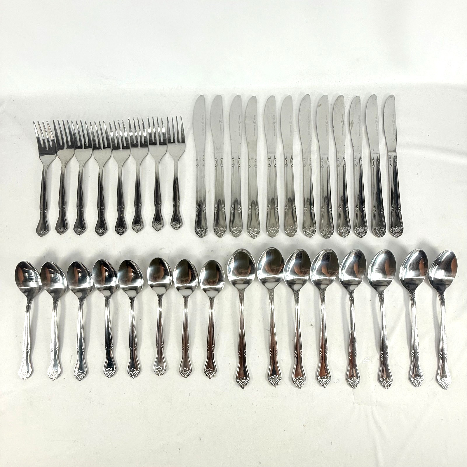 Sango SNF3 Flatware Rose Flower Fork Knife Spoon Stainless Set Lot of 36 pcs