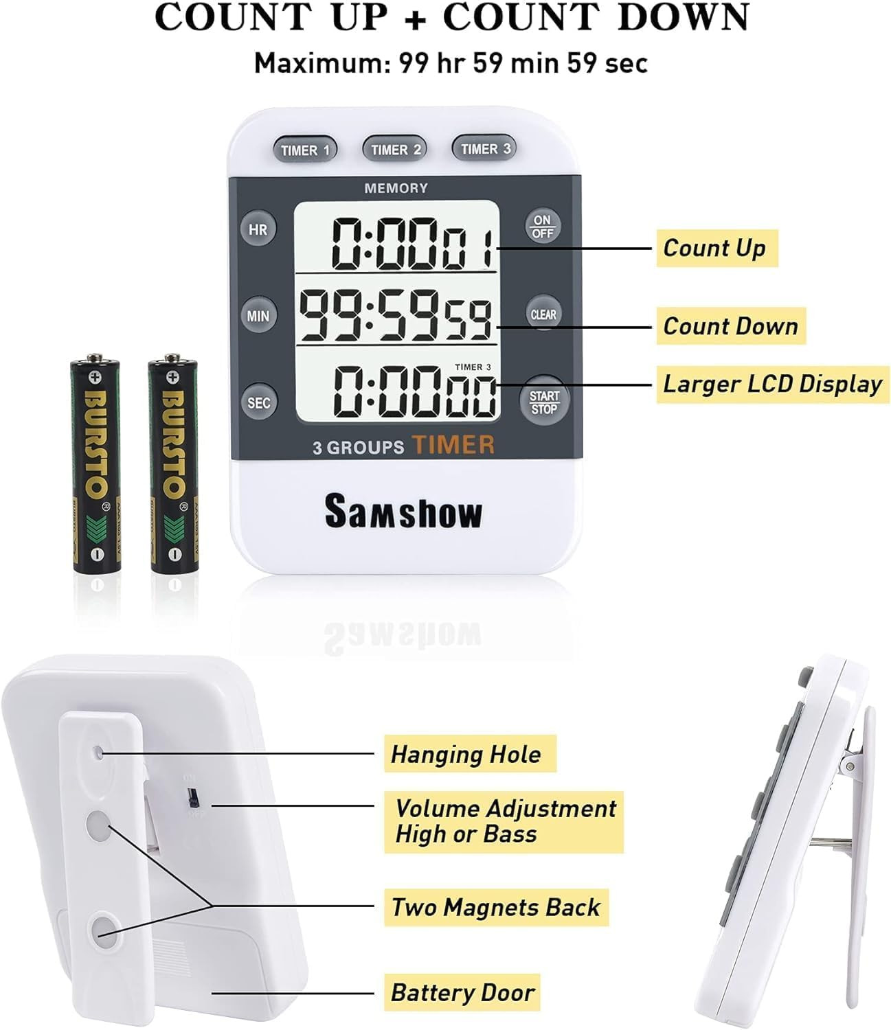 Digital Kitchen Timer Dual Timers 3 Channels Count Up/Down Timer Cooking Timer L