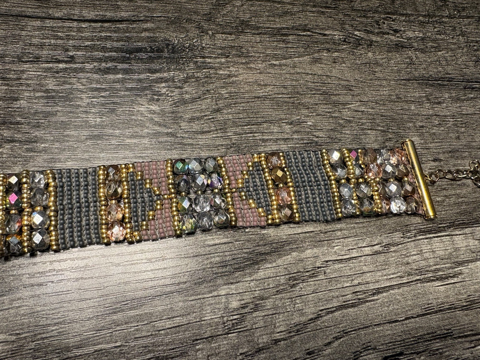Multicolor Beaded Cuff Bracelet Adjustable 7in Glass Brass Hook Closure