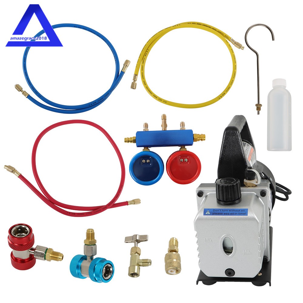 Powerful 5Pa 3CFM Air Vacuum Pump + AC Gauge Set Combo HVAC & R134A Kit