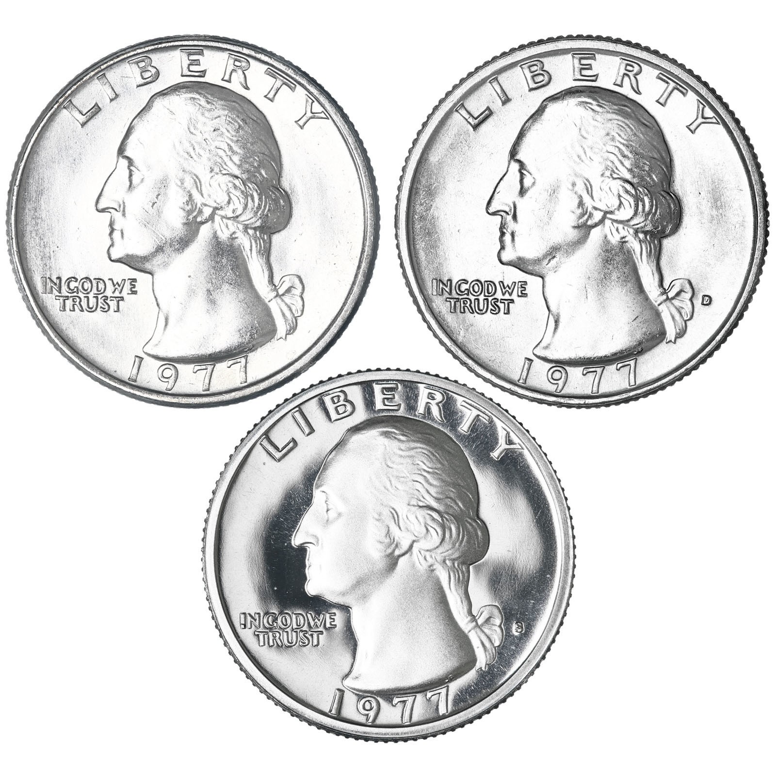 1977 P D S Washington Quarters CN-Clad BU & Gem Proof 3 Coin Year Set