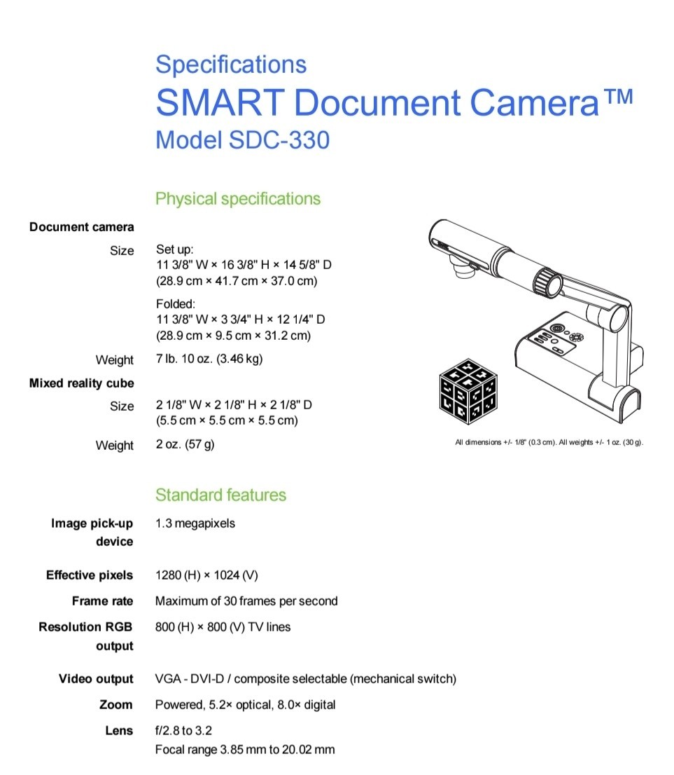 SMART Technologies SDC-330 Document Camera Unit only no power cord