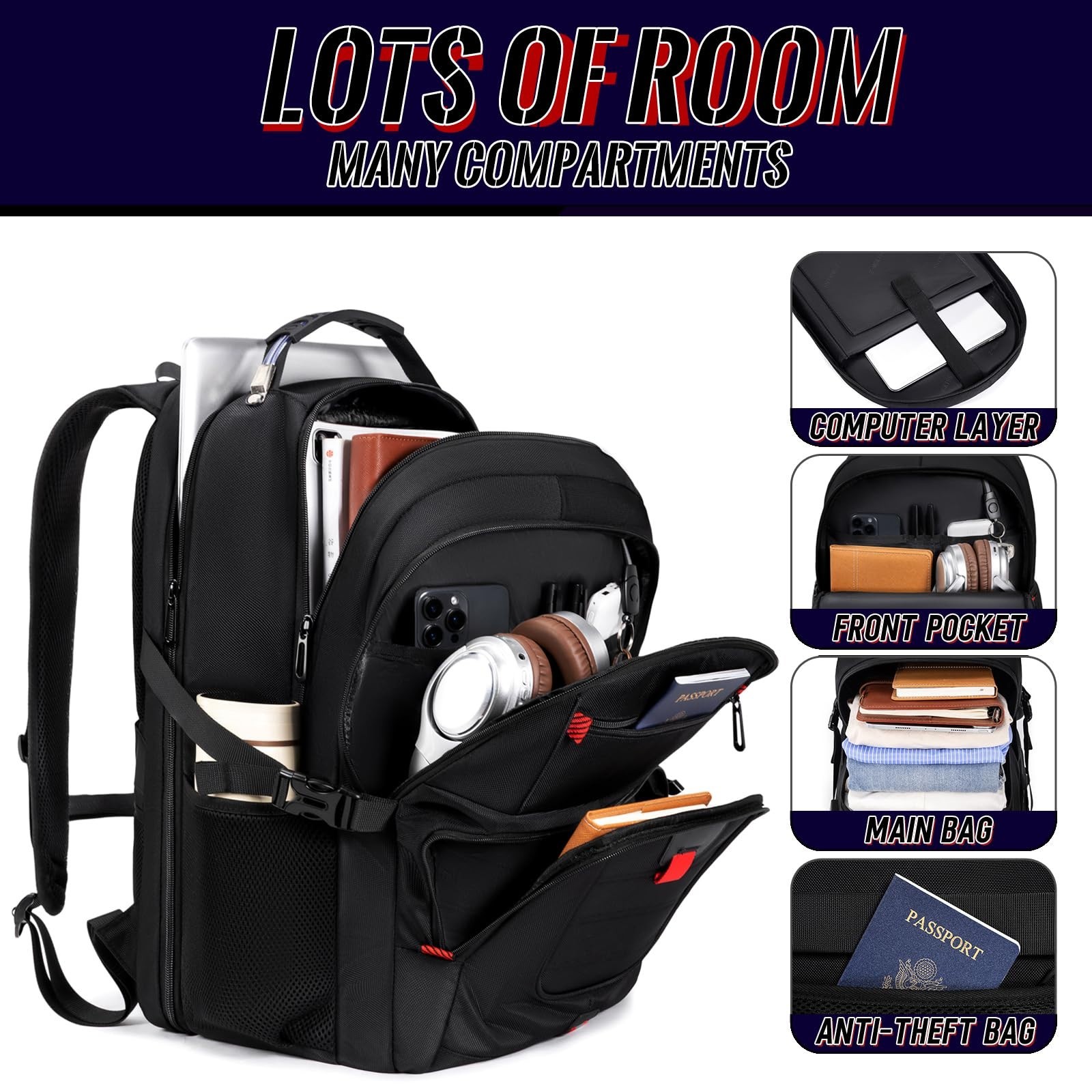 Extra Large TSA Friendly Travel Laptop Backpack for Men, Fits 17" Computer, Blac