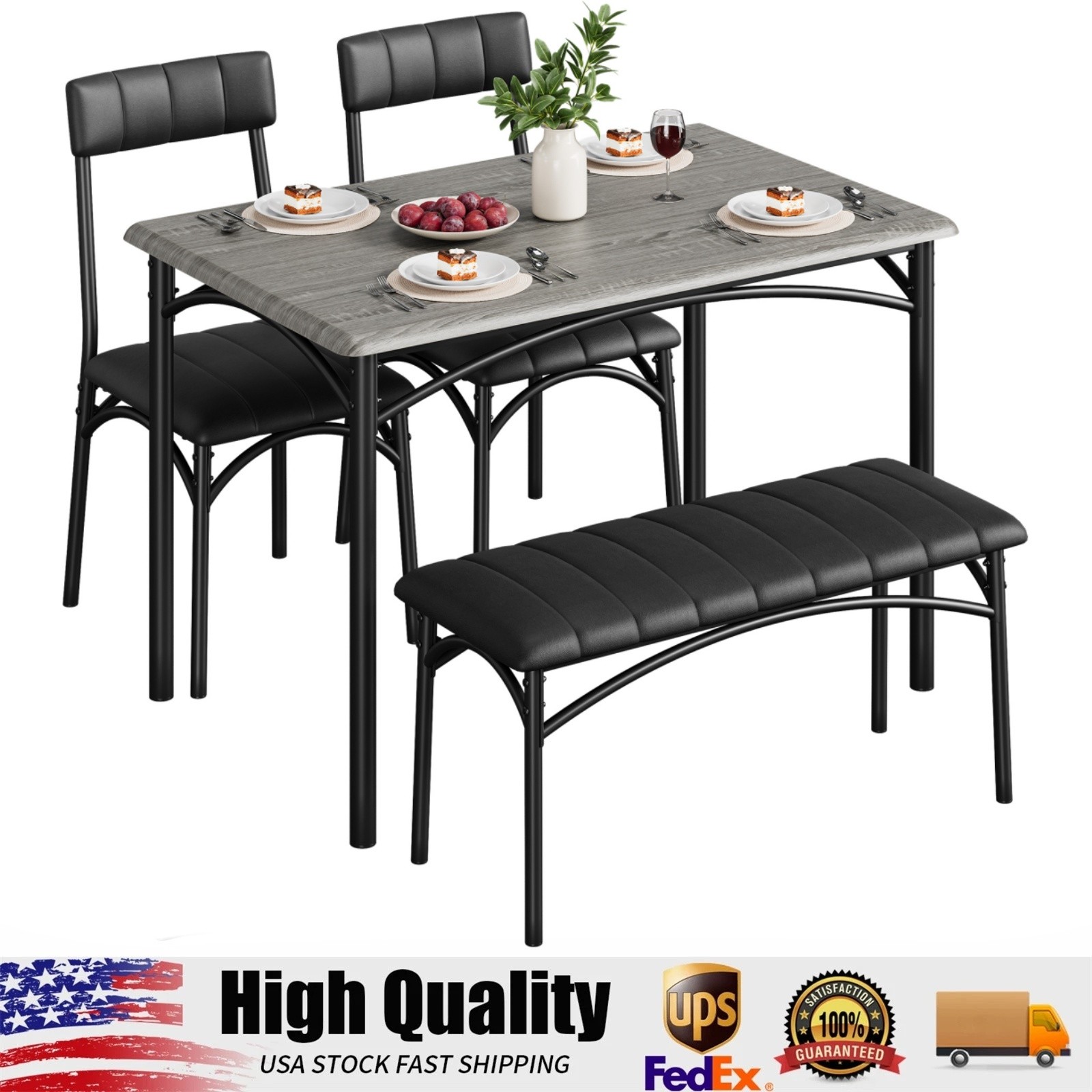 Dining Table Set for 4, Wood Kitchen Table with Upholstered Chairs and Bench