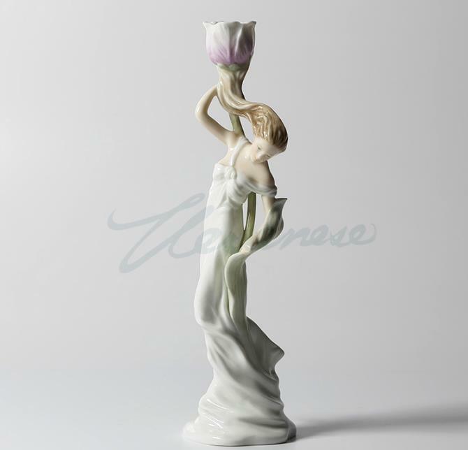 Art Sculpture Handmade Ceramics Underglaze Colour Young Girl Tulip Candlestick