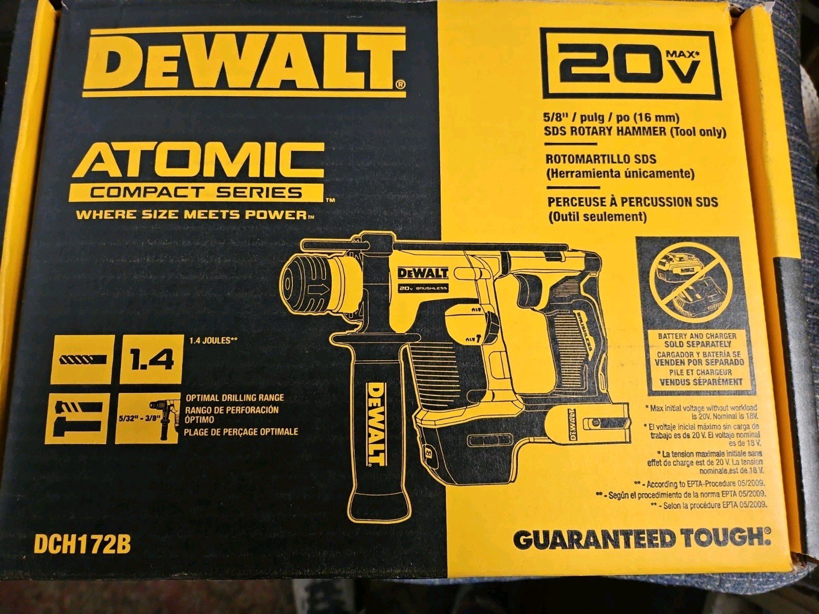New Dewalt DCH172B 20 Volt Max Atomic Brushless 5/8” SDS Rotary Hammer (NIB)